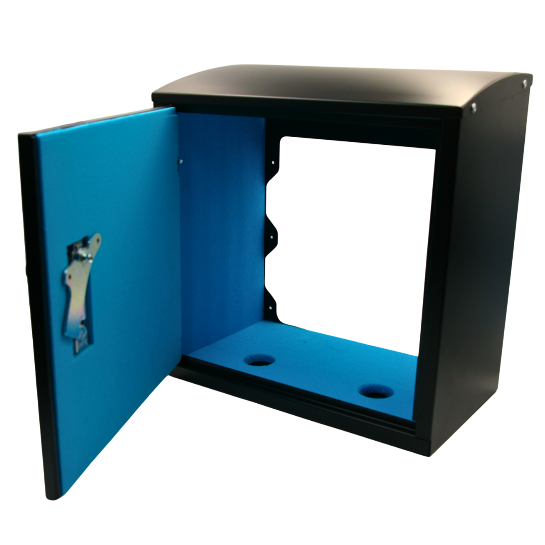 Robox Insulated XL large outdoor tap box door fully open showing blue XPS foam insulation interior – heavy duty frost proof garden tap enclosure UK