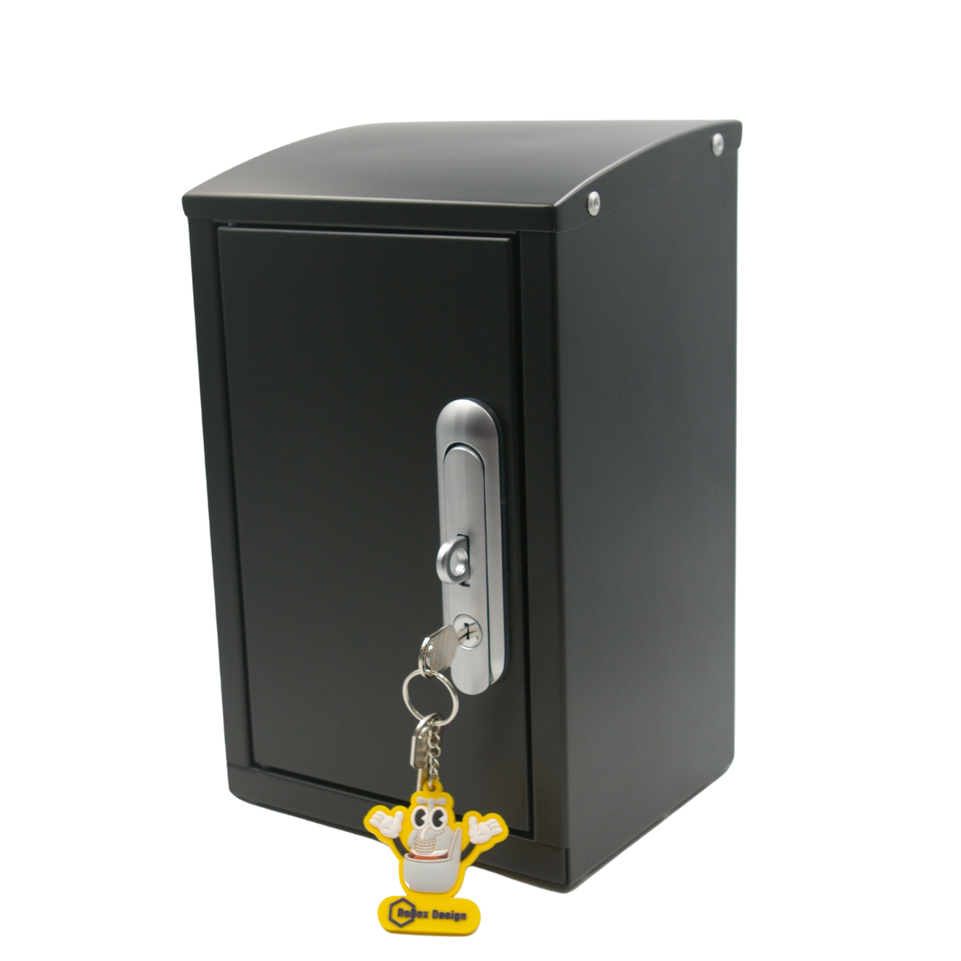 RoBox black Insulated Tap Box with key in lock and branded keychain – secure frost proof garden tap enclosure