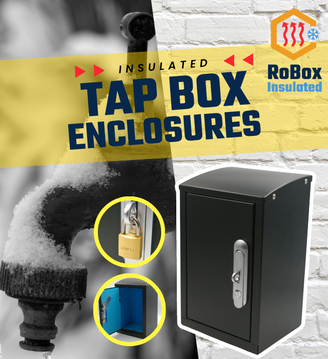 RoBox Insulated Tap Box Enclosures – Black lockable insulated outdoor tap box protecting a frozen snow-covered water faucet from freezing. Shows secure padlock, RoBox branded keychain, and open enclosure with blue interior lining