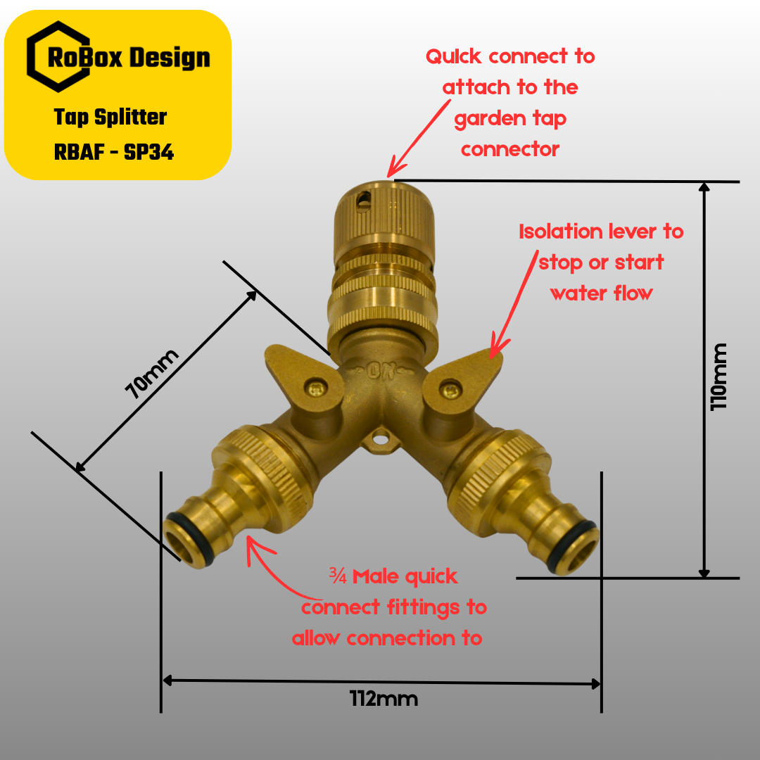 Brass hose splitter dimensions and features diagram