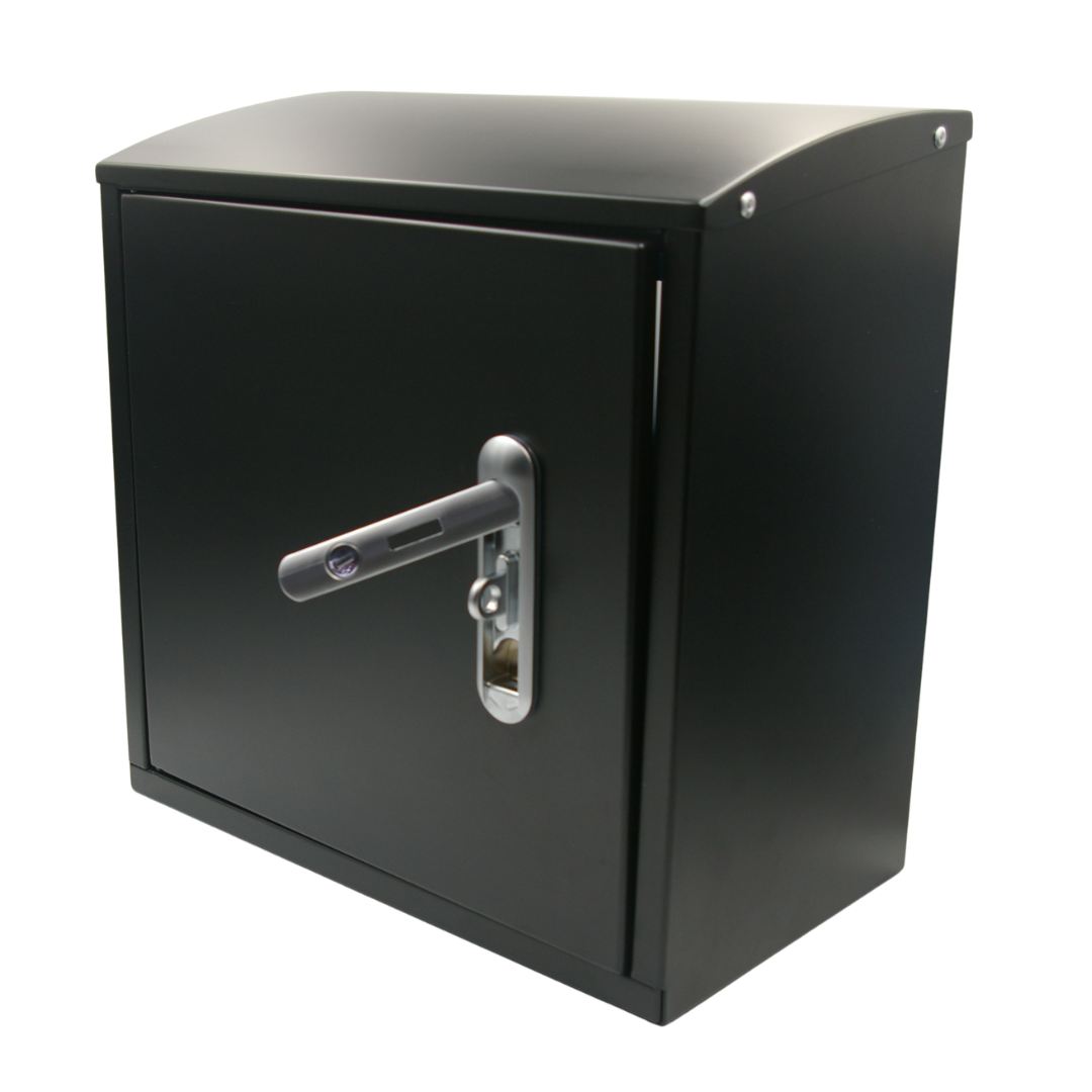 Robox Insulated XL Improved black outdoor tap box with upgraded padlock compatible lock and handle unlocked – secure lockable tap enclosure UK