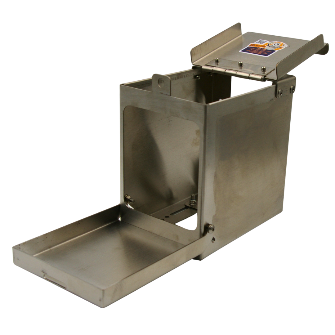 RBTJ-110NXS Tap Jaw High Security 316L stainless steel engineered tap lock guard with lid and bottom door open showing new internal securing bar and tap access