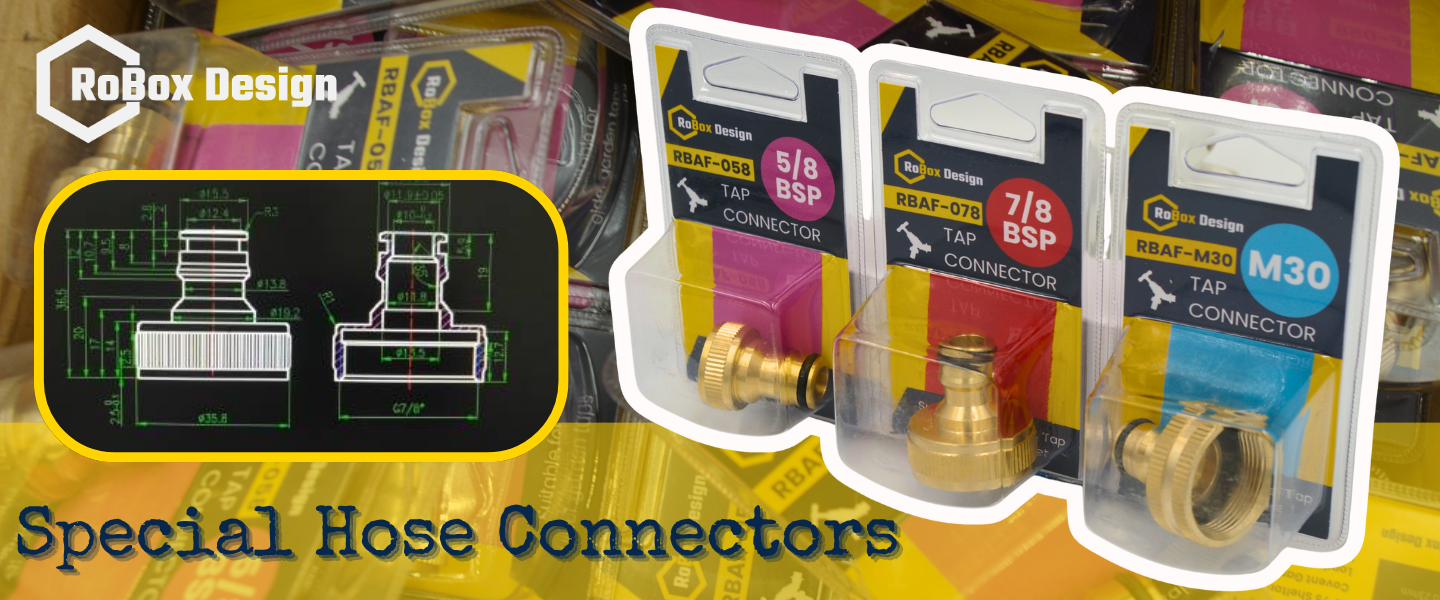 RoBox Design Special Hose Connectors – RBAF-058 5/8 BSP, RBAF-078 7/8 BSP and RBAF-M30 M30 brass tap hose connectors shown in retail packaging with technical dimension drawings