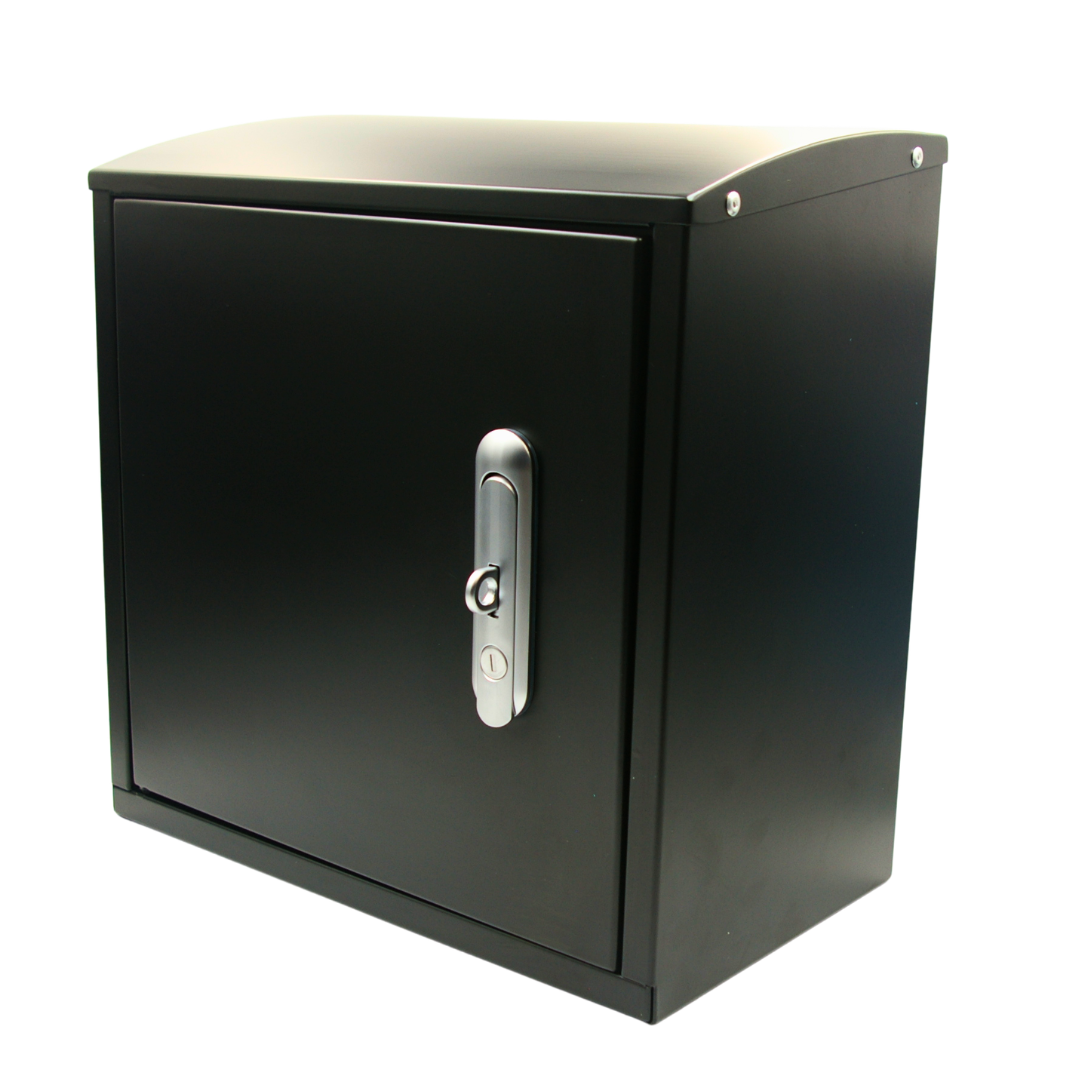 Robox Insulated XL large garden tap box front angle view in black RAL 9005 – frost proof heavy duty outdoor tap enclosure UK