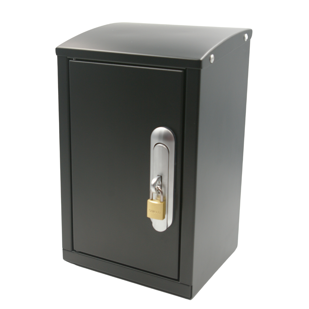 RoBox black Insulated Tap Box with padlock fitted – dual security outdoor tap cover
