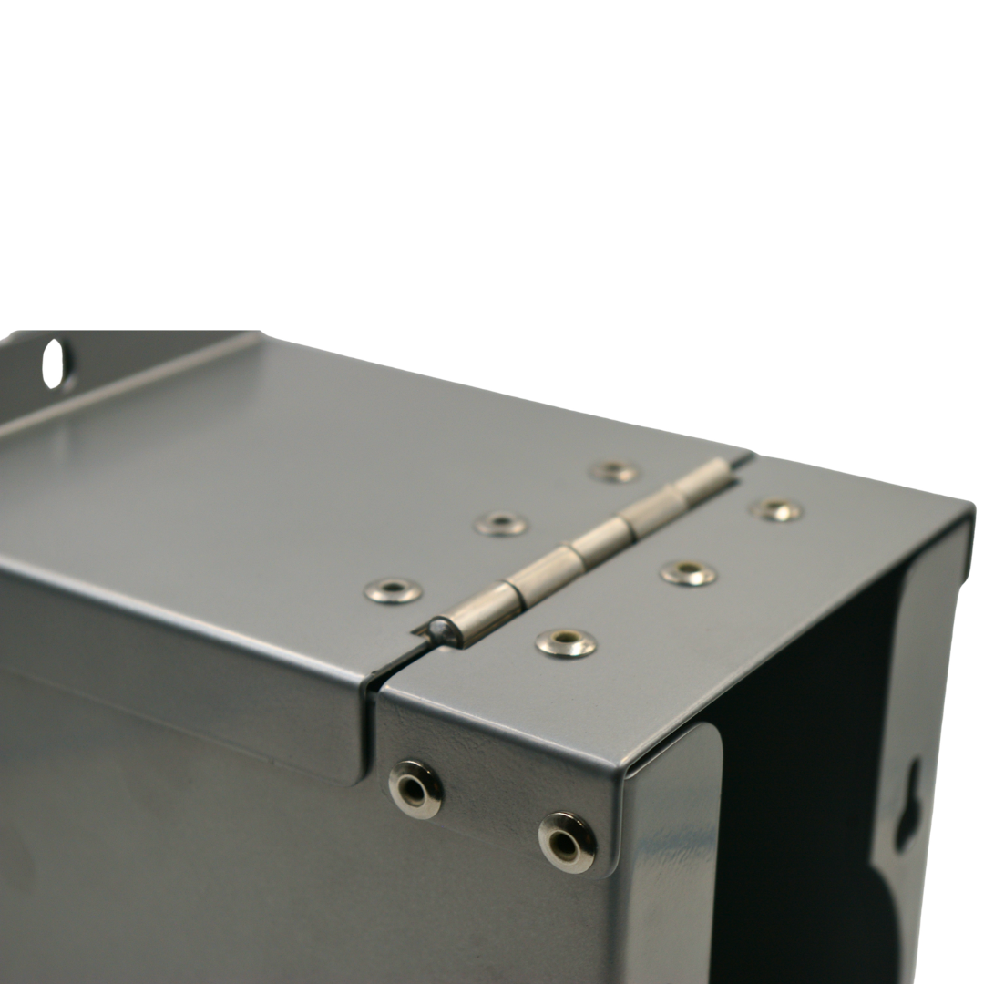 Close-up of top hinge and rear mounting detail on RBTJ-110NXG Tap Jaw Standard tap security box