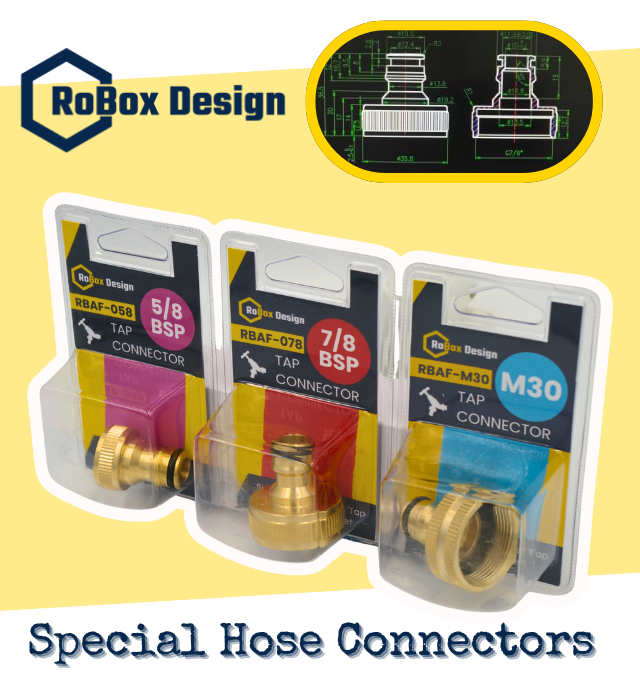 RoBox Design Special Hose Connectors – RBAF-058 5/8 BSP, RBAF-078 7/8 BSP and RBAF-M30 M30 brass tap hose connectors shown in retail packaging with technical dimension drawings