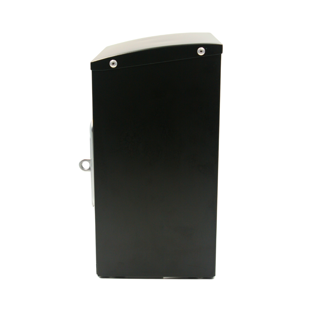 Side view of RoBox RBTB-105 black Insulated Tap Box Enclosure showing sloped roof and heavy duty construction