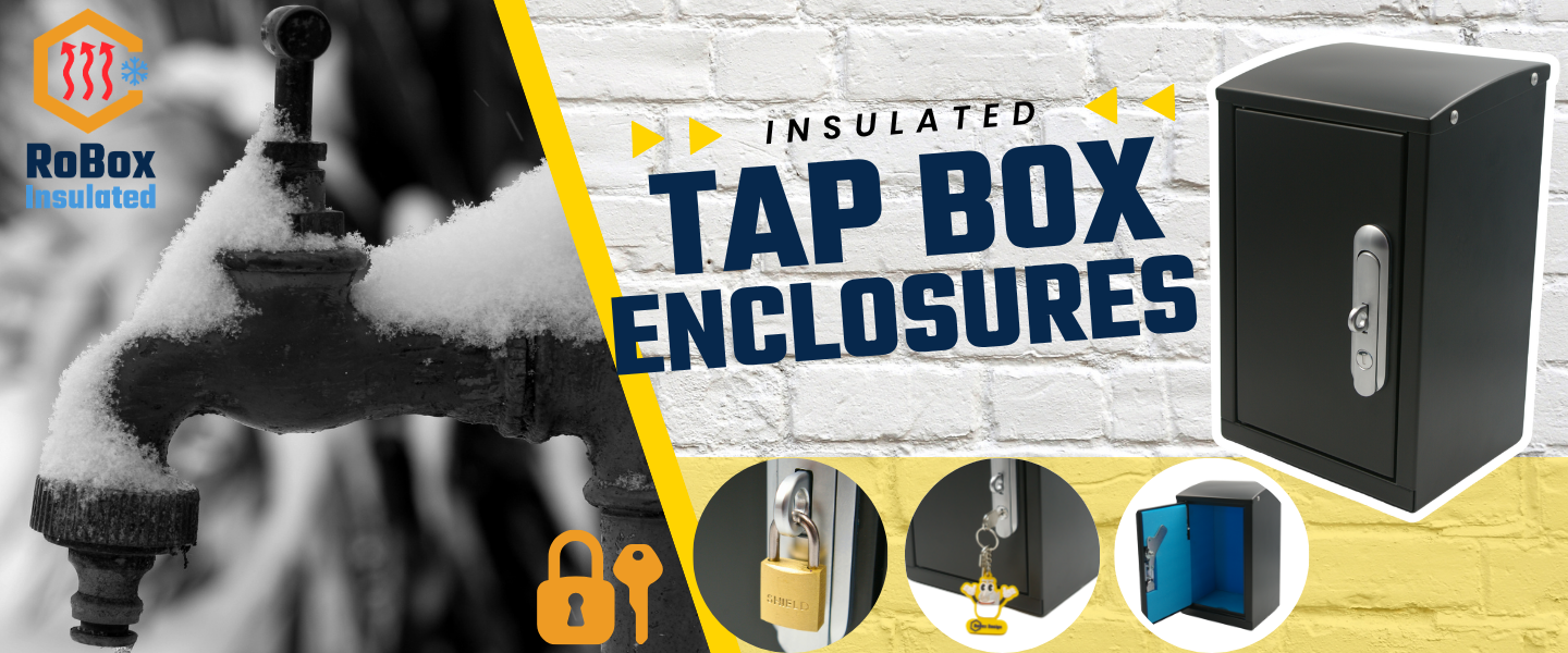 RoBox Insulated Tap Box Enclosures – Black lockable insulated outdoor tap box protecting a frozen snow-covered water faucet from freezing. Shows secure padlock, RoBox branded keychain, and open enclosure with blue interior lining