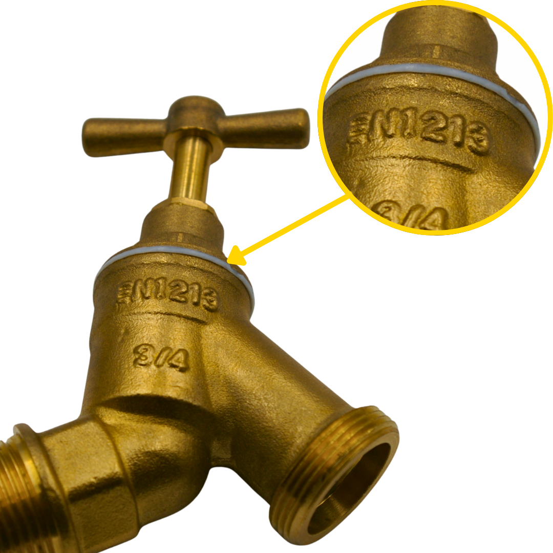 M30 tap connector with white spacer washer and brass body on farmers tap
