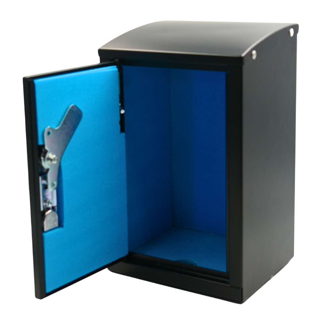 RoBox RBTB-105 Insulated Tap Box door open showing thick blue XPS foam insulation lining