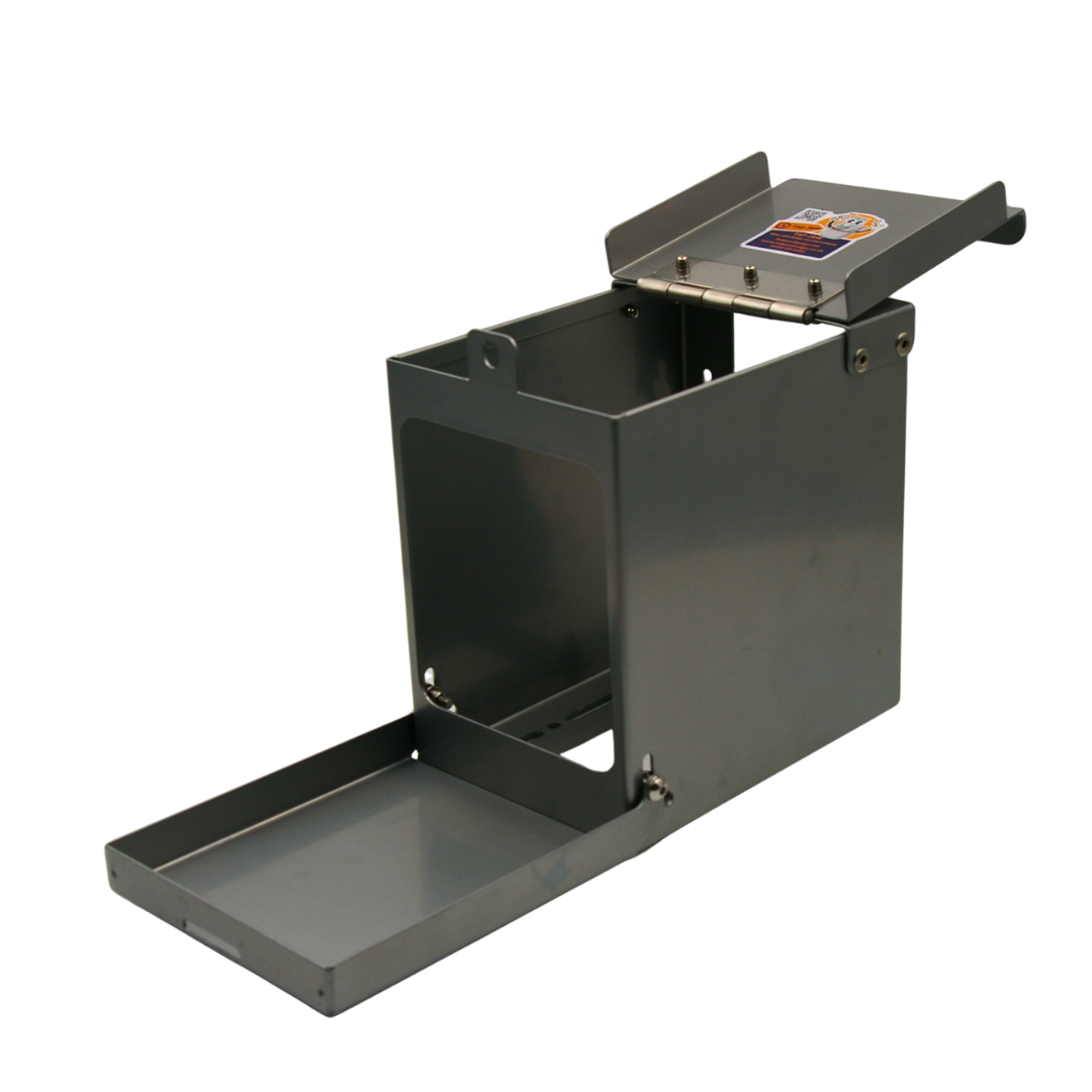 RBTJ-110NXG Tap Jaw Standard grey powder coated engineered tap lock guard with lid and bottom door open showing new internal securing bar and tap access