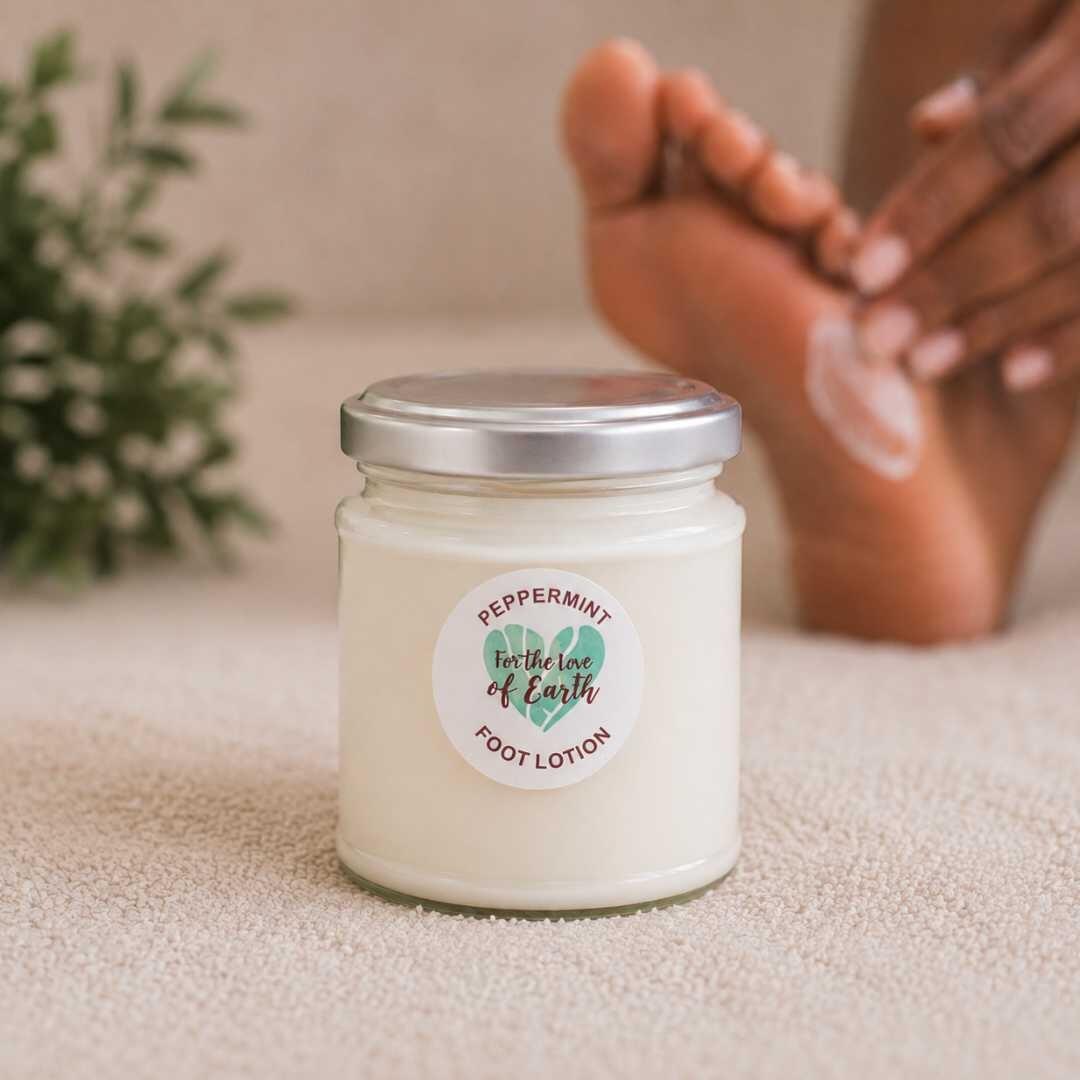 Jar of peppermint foot lotion next to a foot