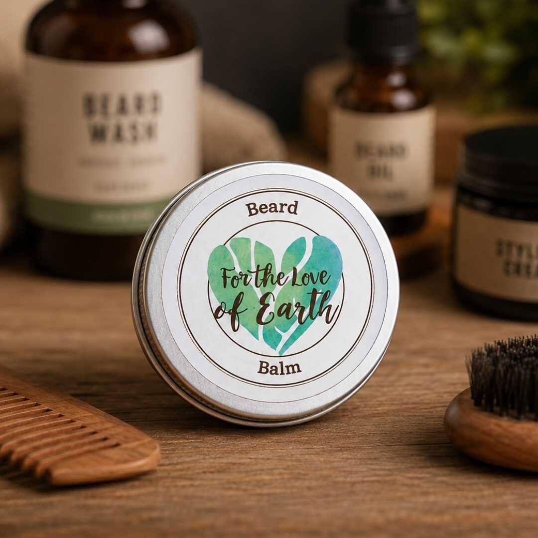 natural beard balm in a metal tin