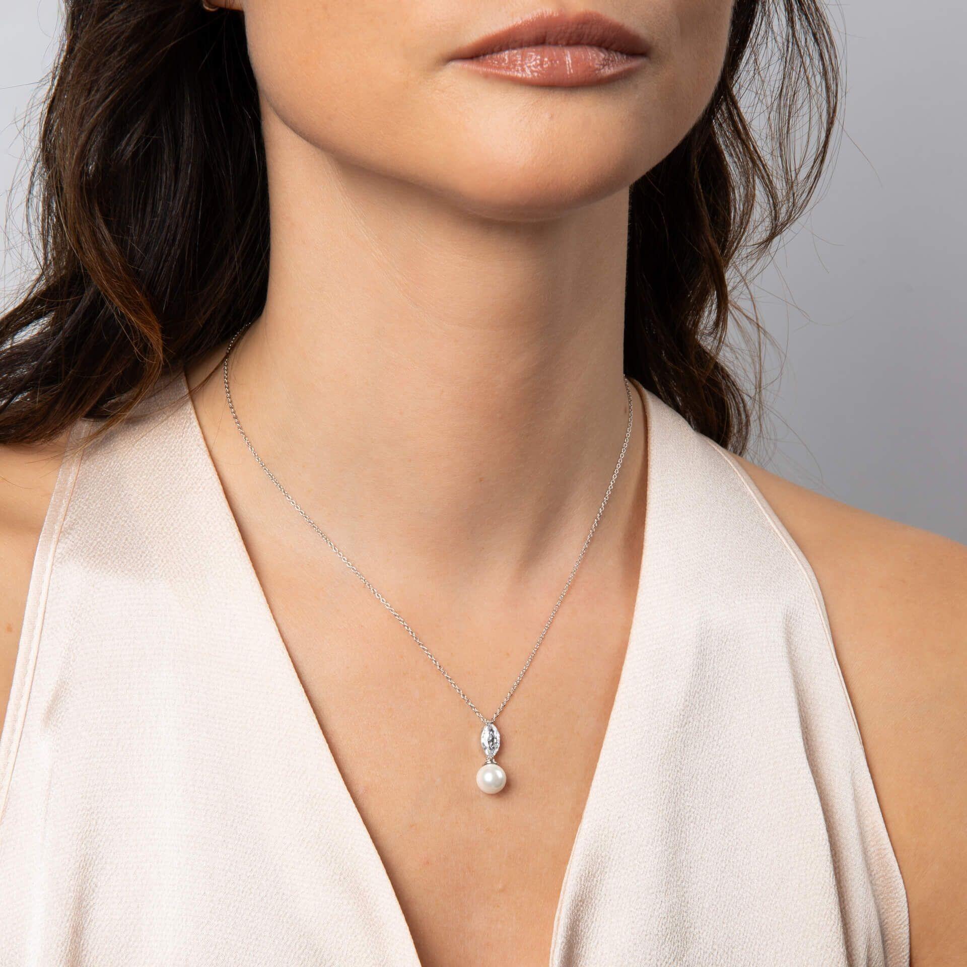 Diamonfire® Marquise-Cut Zirconia and Pearl Drop Pendant in Triple Plated Sterling Silver – Luxury Jewellery by Gold and Diamonds