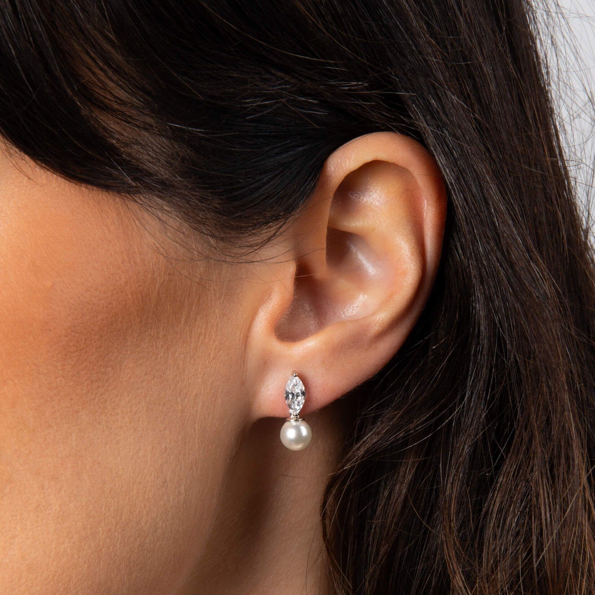 Diamonfire® Marquise-Cut Zirconia and Pearl Drop Earrings in Triple Plated Sterling Silver – Elegant Wedding and Evening Jewellery by Gold and Diamonds
