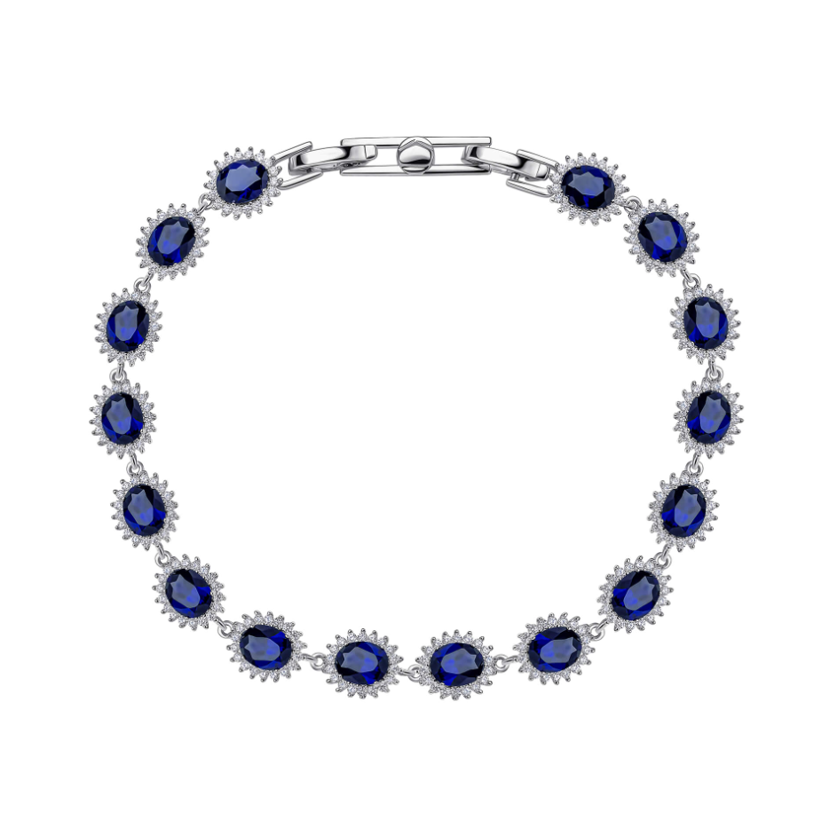 Diamonfire® Sapphire Blue Oval Halo Claw Set Bracelet in Triple Plated Sterling Silver, 17–19cm Adjustable – Elegant Evening Jewellery by Gold and Diamonds