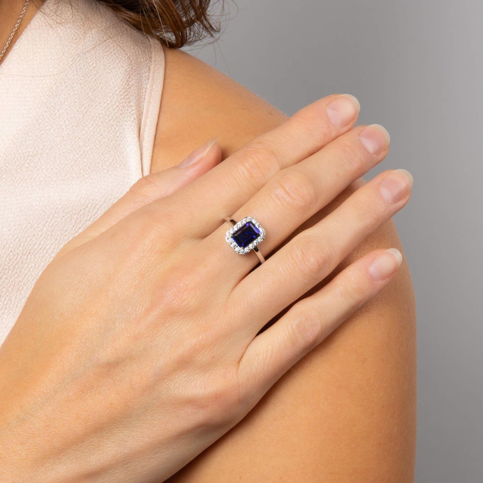 Diamonfire® Emerald Cut Halo Zirconia Ring in Triple Plated Sterling Silver with Pavé Surround – Luxury Jewellery by Gold and Diamonds