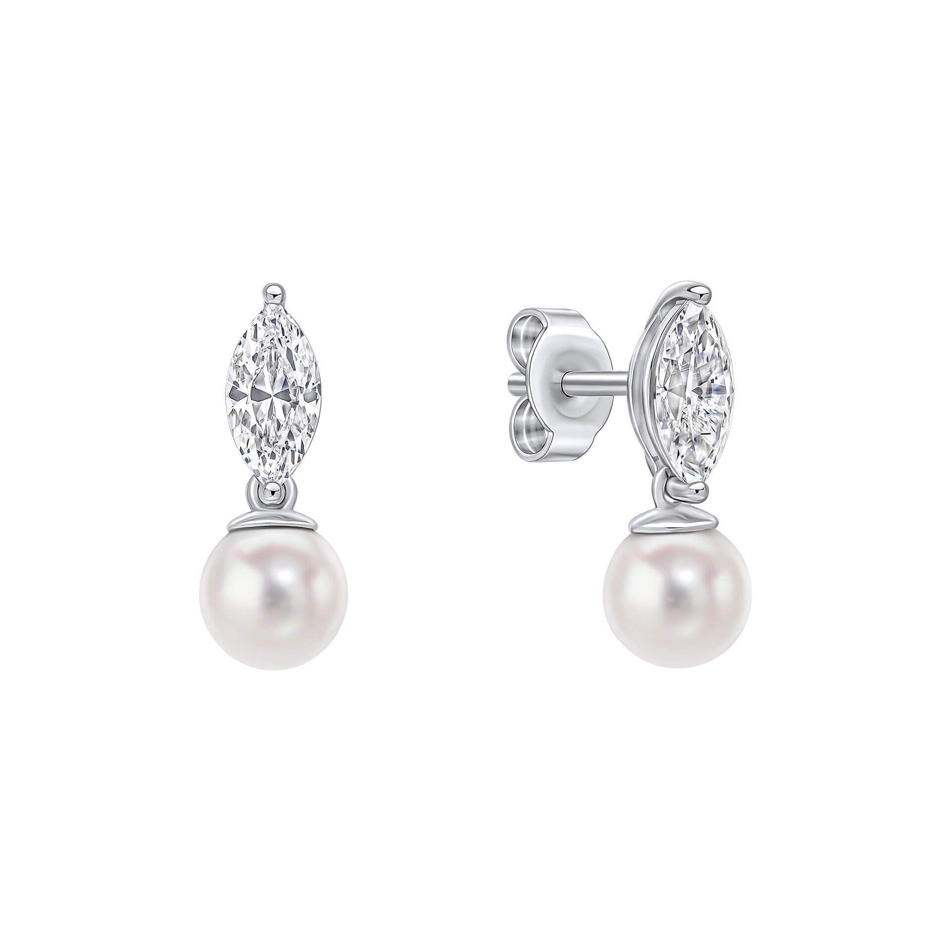 Diamonfire® Marquise-Cut Zirconia and Pearl Drop Earrings in Triple Plated Sterling Silver – Elegant Wedding and Evening Jewellery by Gold and Diamonds