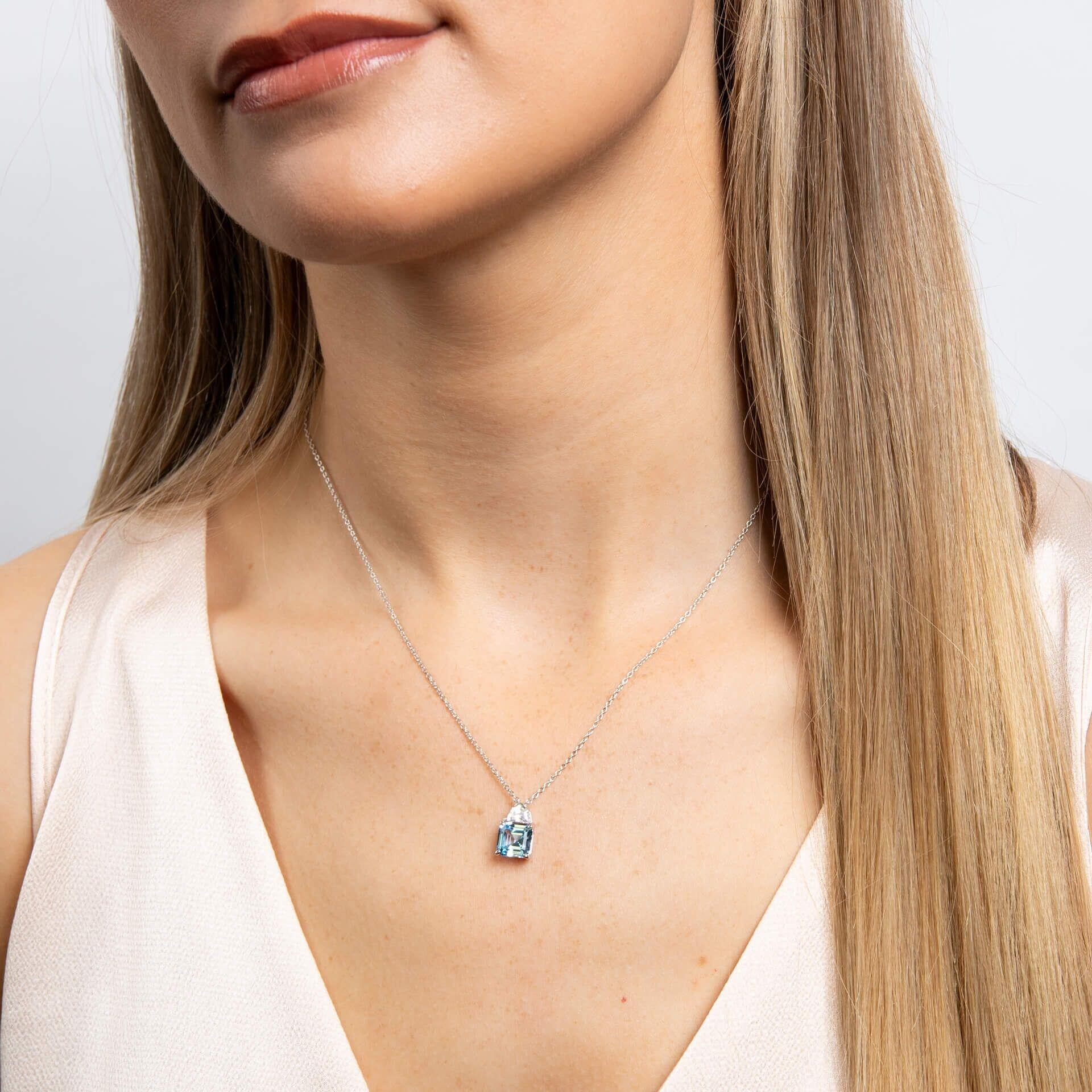 Diamonfire® Aquamarine Blue Square-Cut Zirconia Necklace with Clear Accent in Triple Plated Sterling Silver – Luxury Jewellery by Gold and Diamonds