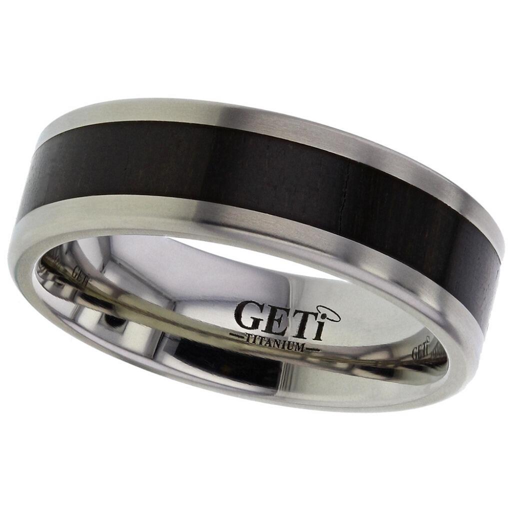 Flat court Geti titanium wedding band with large African Ebony wood inlay by Gold and Diamonds