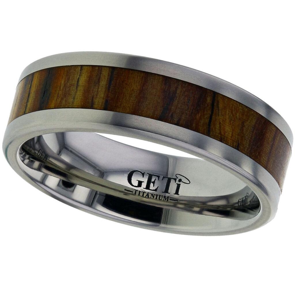 Flat court Geti titanium wedding band with large Cocobolo wood inlay by Gold and Diamonds