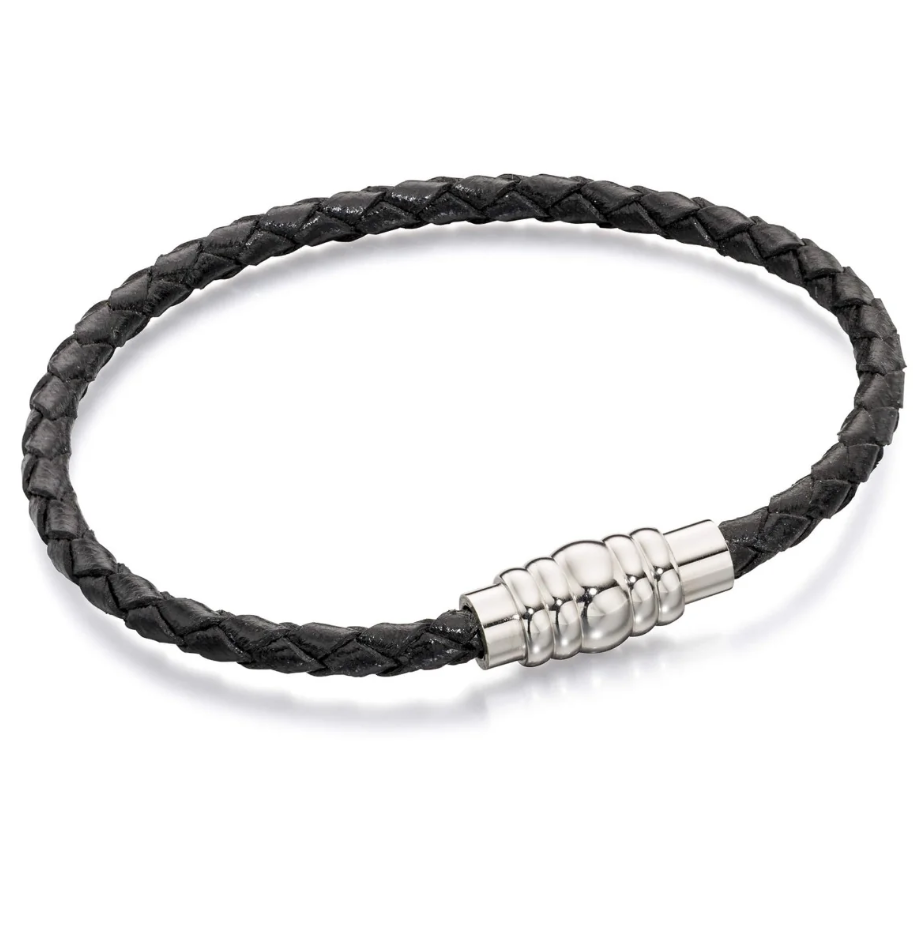 Fred Bennett skinny black plaited leather bracelet with stainless steel magnetic clasp 21cm