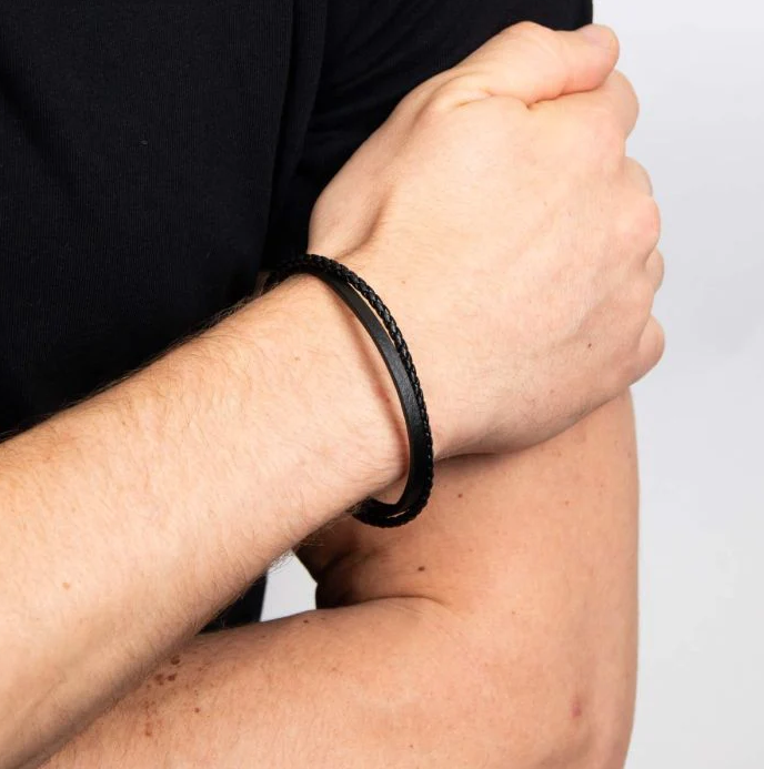 Fred Bennett Reborn double row black recycled leather bracelet with stainless steel magnetic clasp