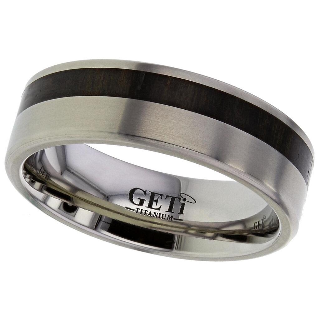 Flat court Geti titanium wedding band with brushed finish and offset African Ebony wood inlay by Gold and Diamonds