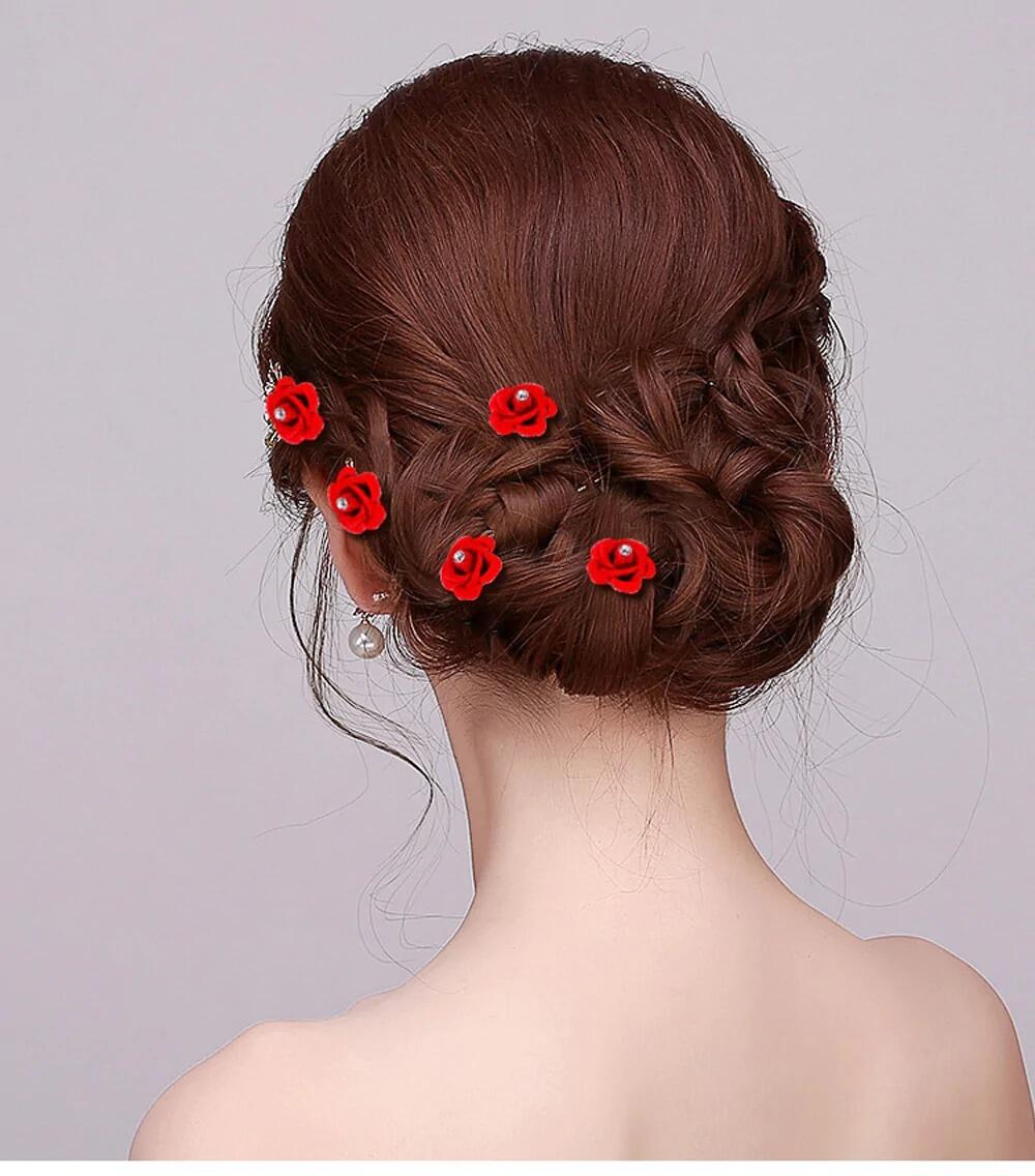 10 Piece Wedding Women Bridal Hair Pins Red Flocking Rose Hair Accessories  Jura Pins