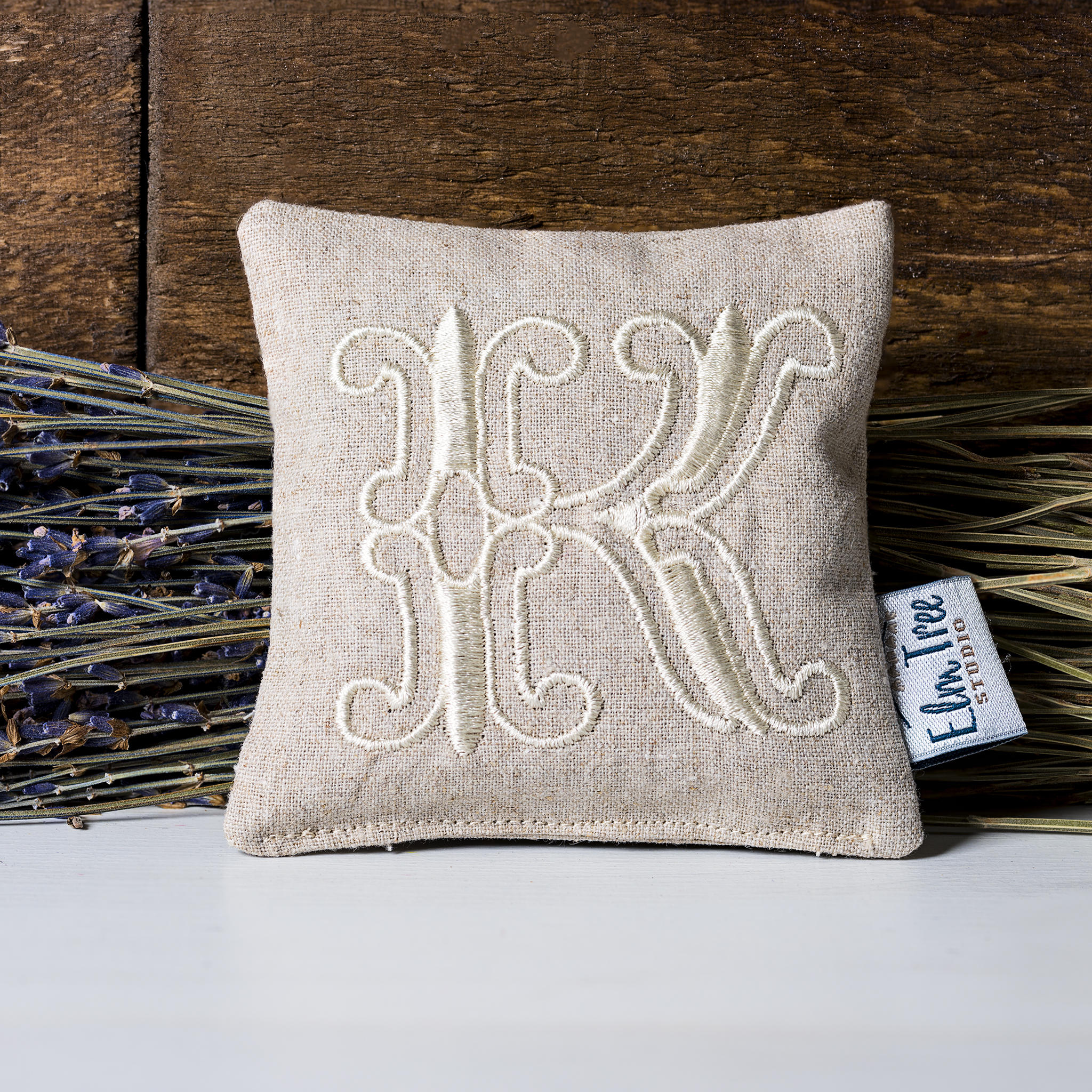 Natural linen lavender pillow with monogrammed embroidery