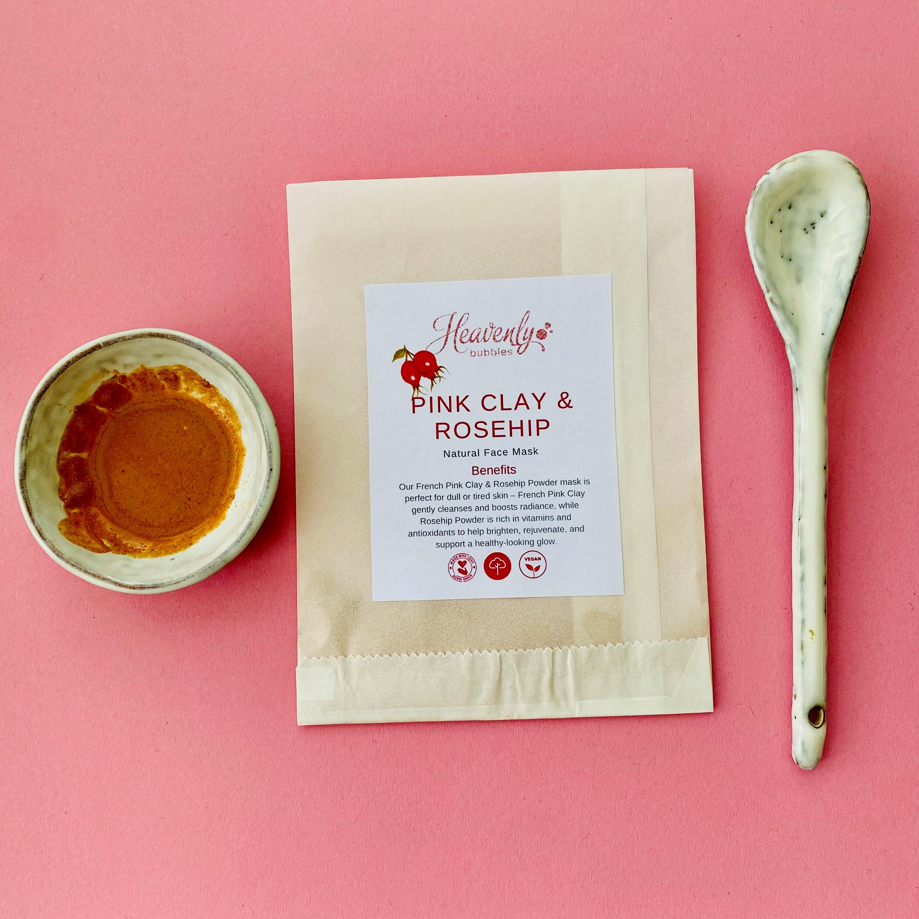 French Pink Clay & Rosehip Face Mask in Biodegradable Sachet – Heavenly Bubbles UK