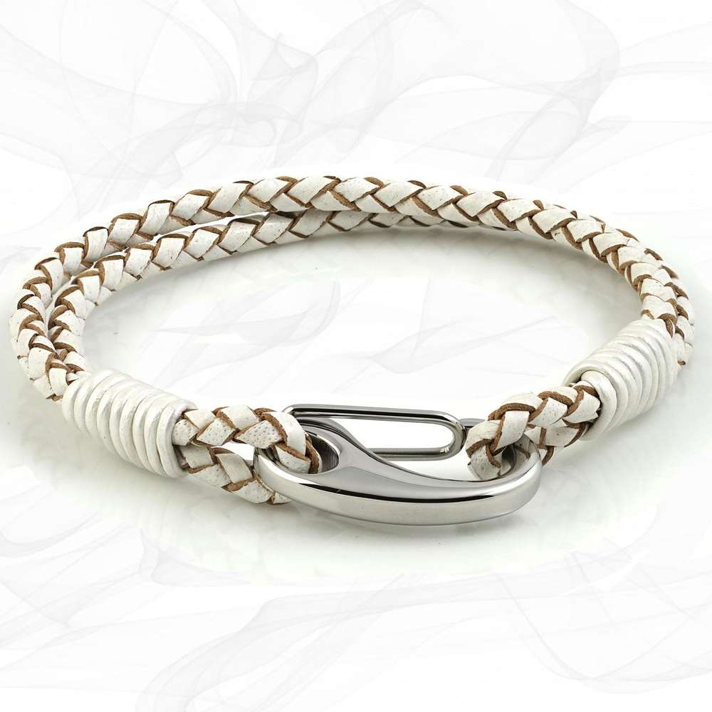 Stressed White Double Wrap Bolo Leather Bracelet with Steel Lobster Clasp by Tribal Steel