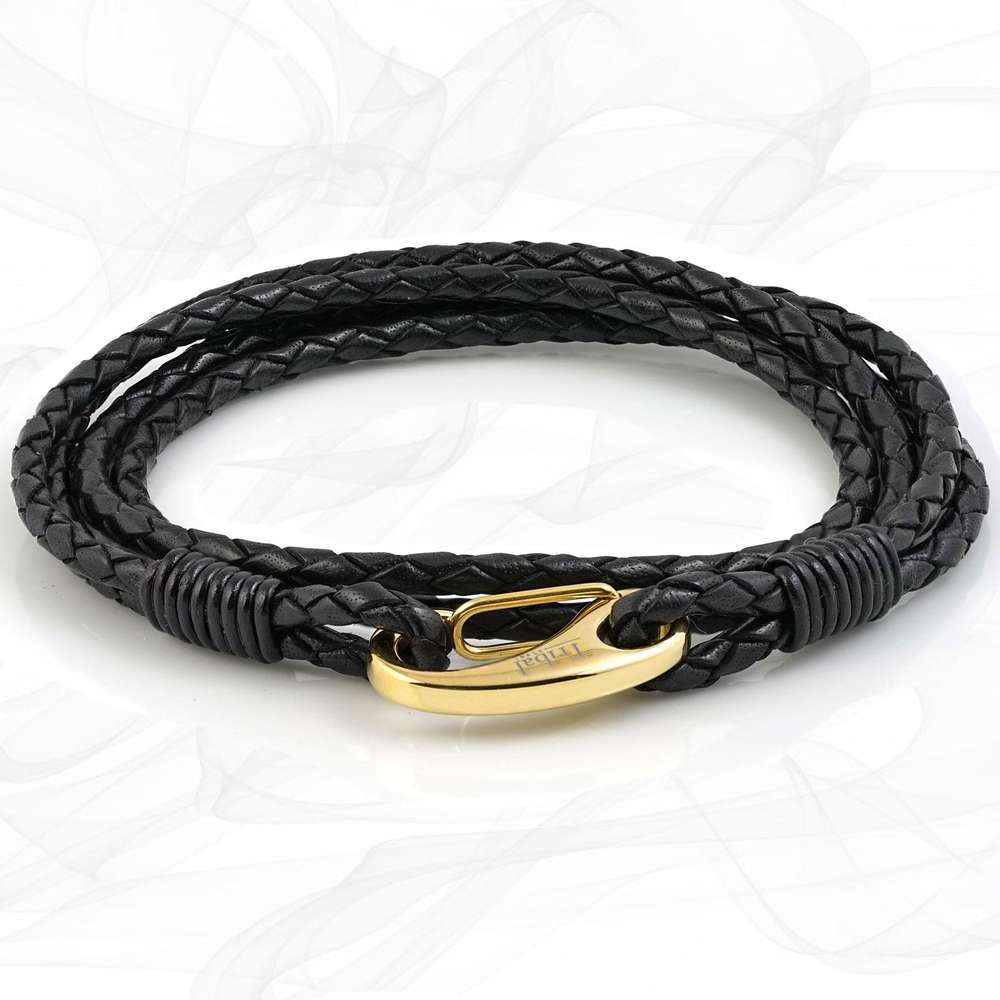 Mens Elegant Black Quad Wrap Bolo Leather Bracelet with Gold Colored Steel Lobster Clasp by Tribal Steel