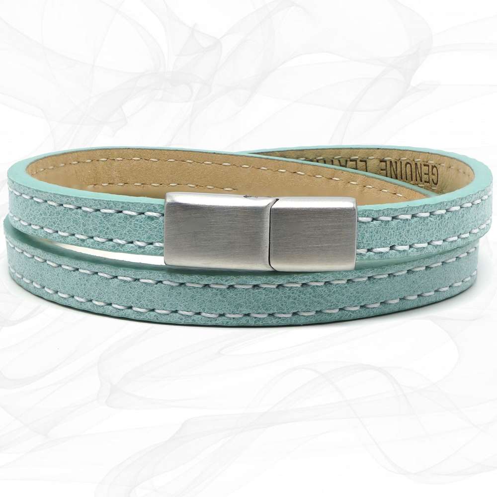 Girls Turquoise FROSTED Silver Steel CLASP TWO STRAP LEATHER BRACELET