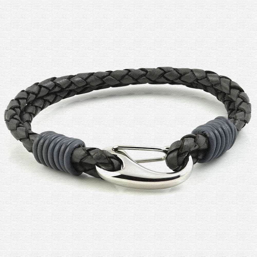 Grey Two Strap Bolo Leather Bracelet with Steel Lobster Clasp
