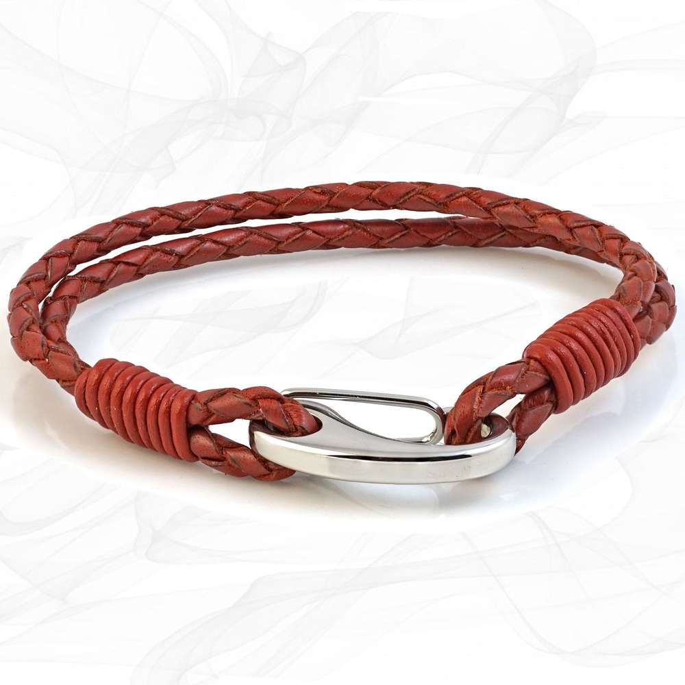Red Double Wrap Bolo Leather Bracelet with Steel Lobster Clasp by Tribal Steel