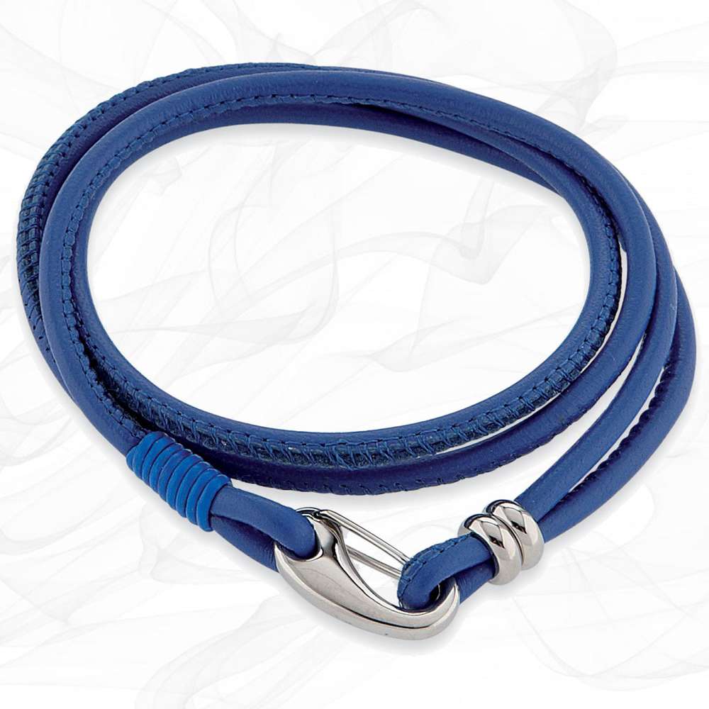 Simple smooth Blue 3mm Nappa Double wrap Leather Bracelet for Women