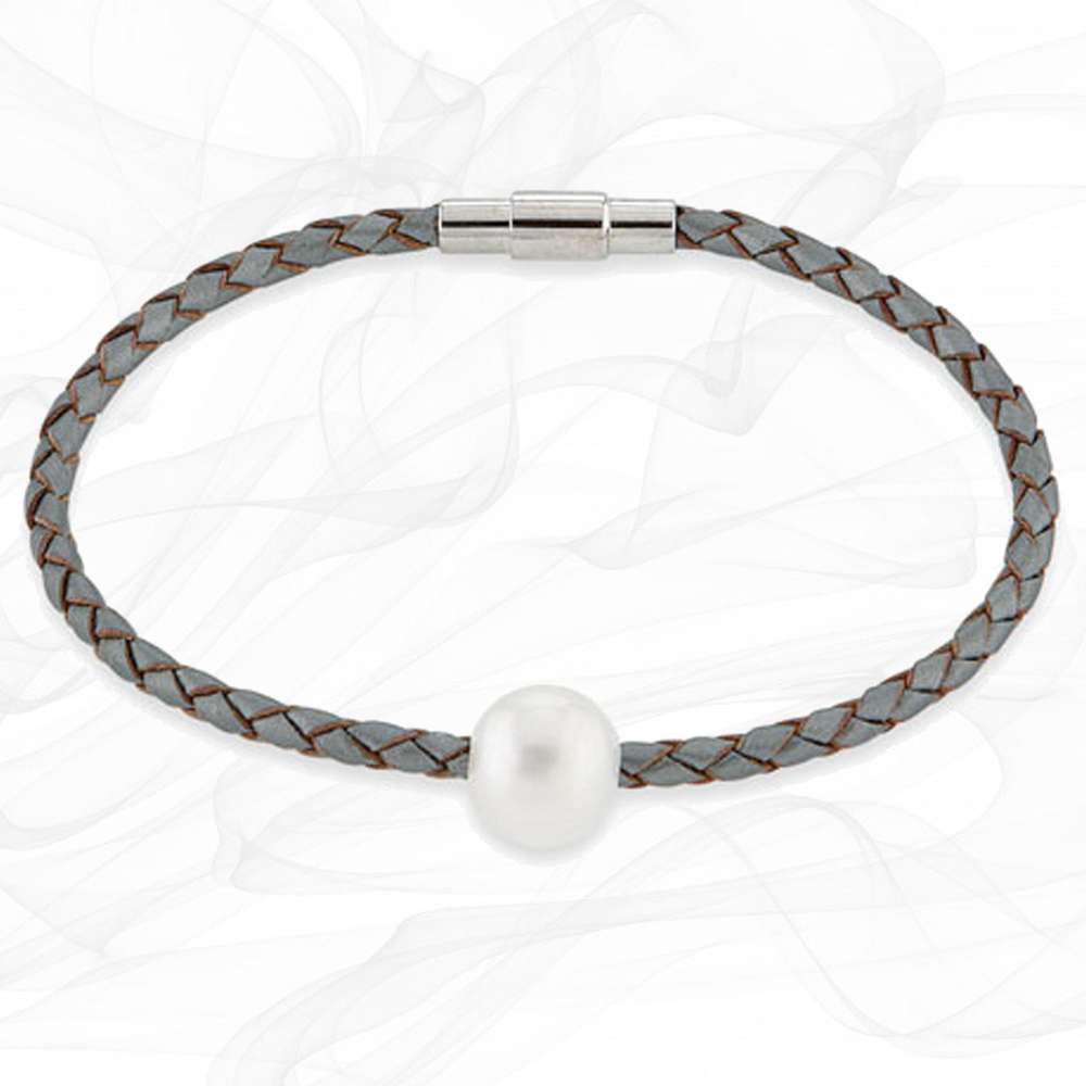 "SIENA" STEEL GREY FRESH WATER CULTURED PEARL LEATHER BRACELET