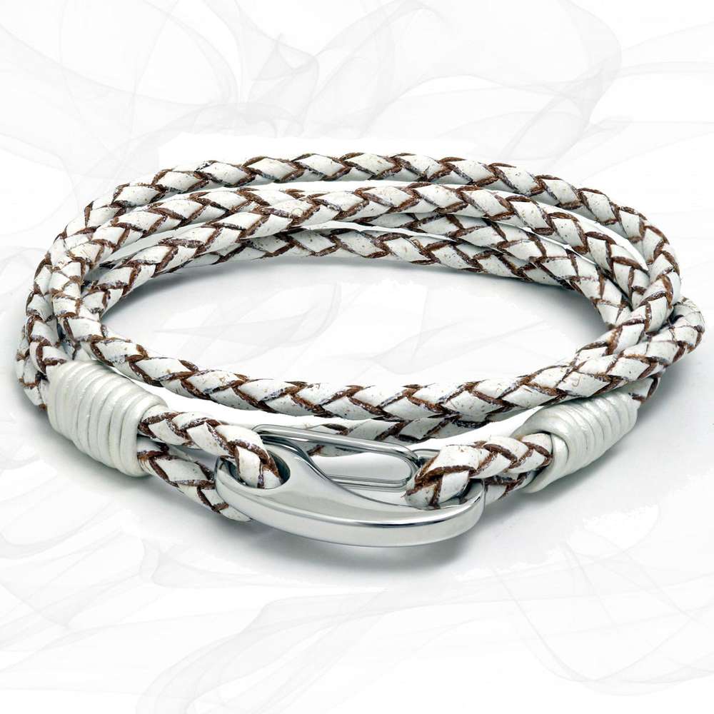 White Quad Wrap Bolo Leather Bracelet with Steel Lobster Clasp by Tribal Steel