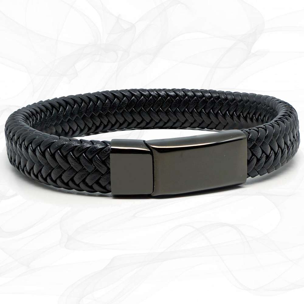 Wide Black Super Soft Premium Leather Bracelet with a Black Sliding Magnetic Clasp.