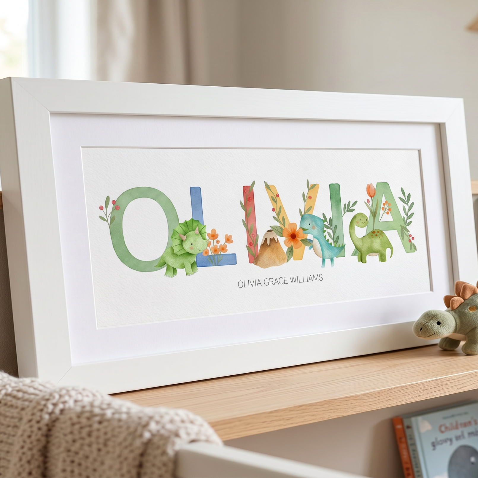 olivia nursery prints dinosaur name frames, custom name prints