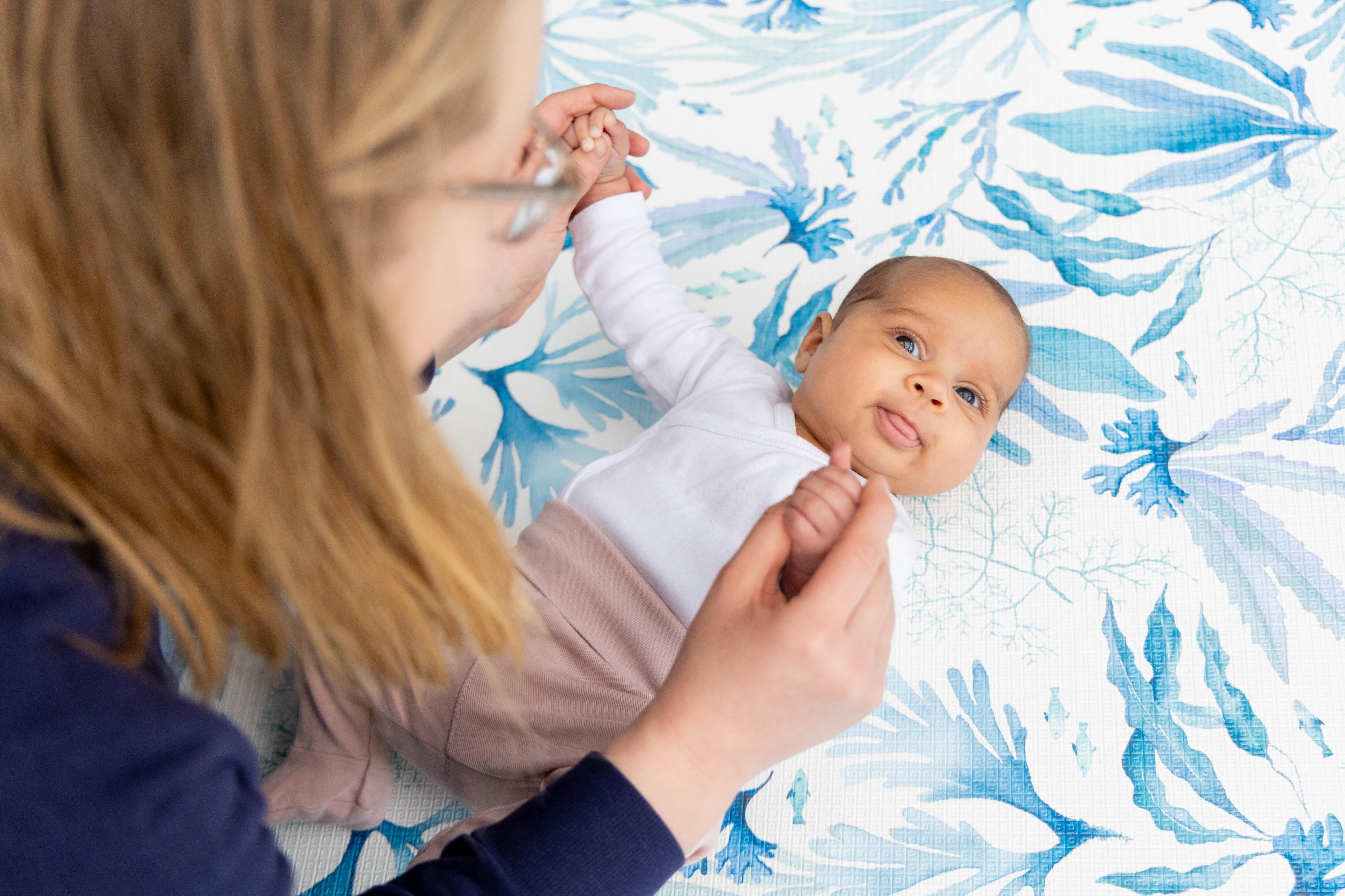 Kelp Forest Blue Playmat β premium reversible baby playmat designed to complement elegant, neutral interiors.