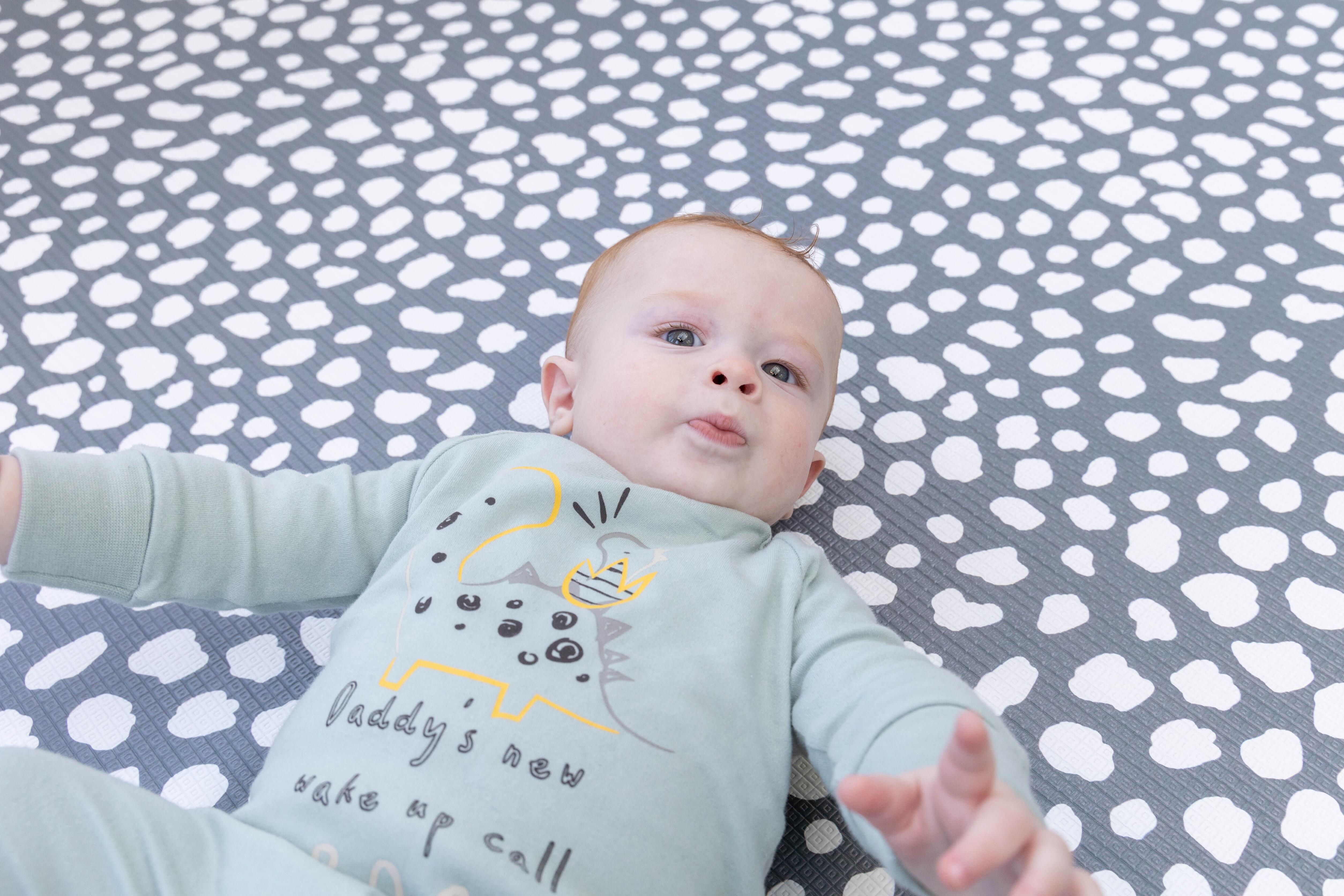 Baby playing on Large Storm Grey playmat β soft cushioned 1.5 cm reversible foam design by Little Fae
