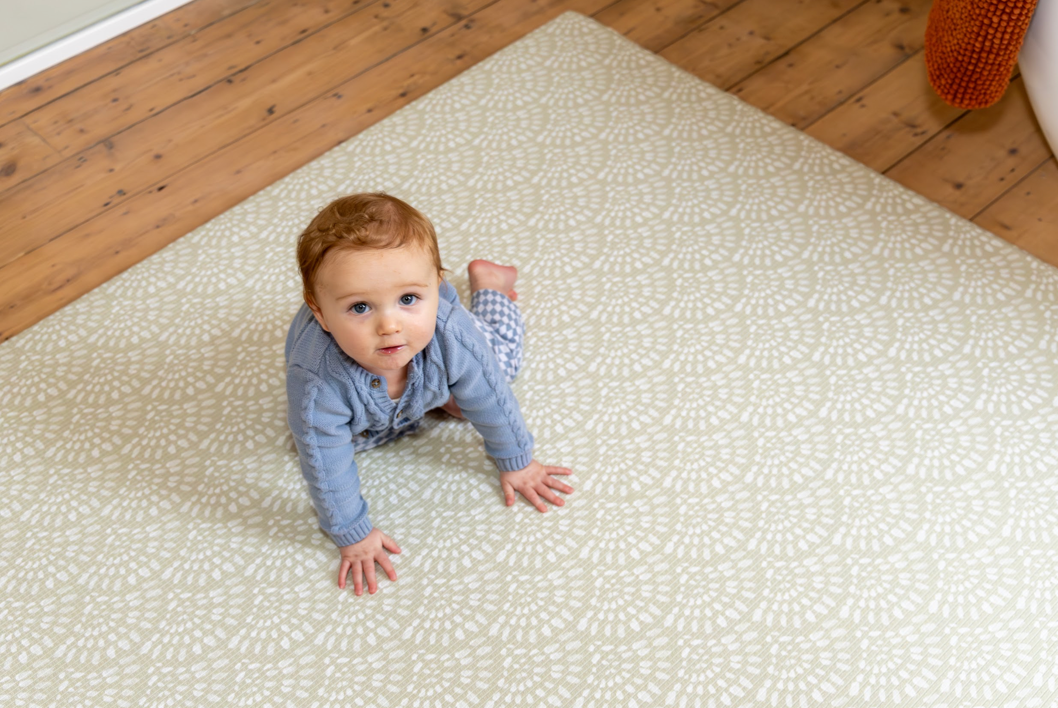 Large Cornish Olive playmat styled in modern neutral nursery – reversible cushioned baby mat by Little Fae