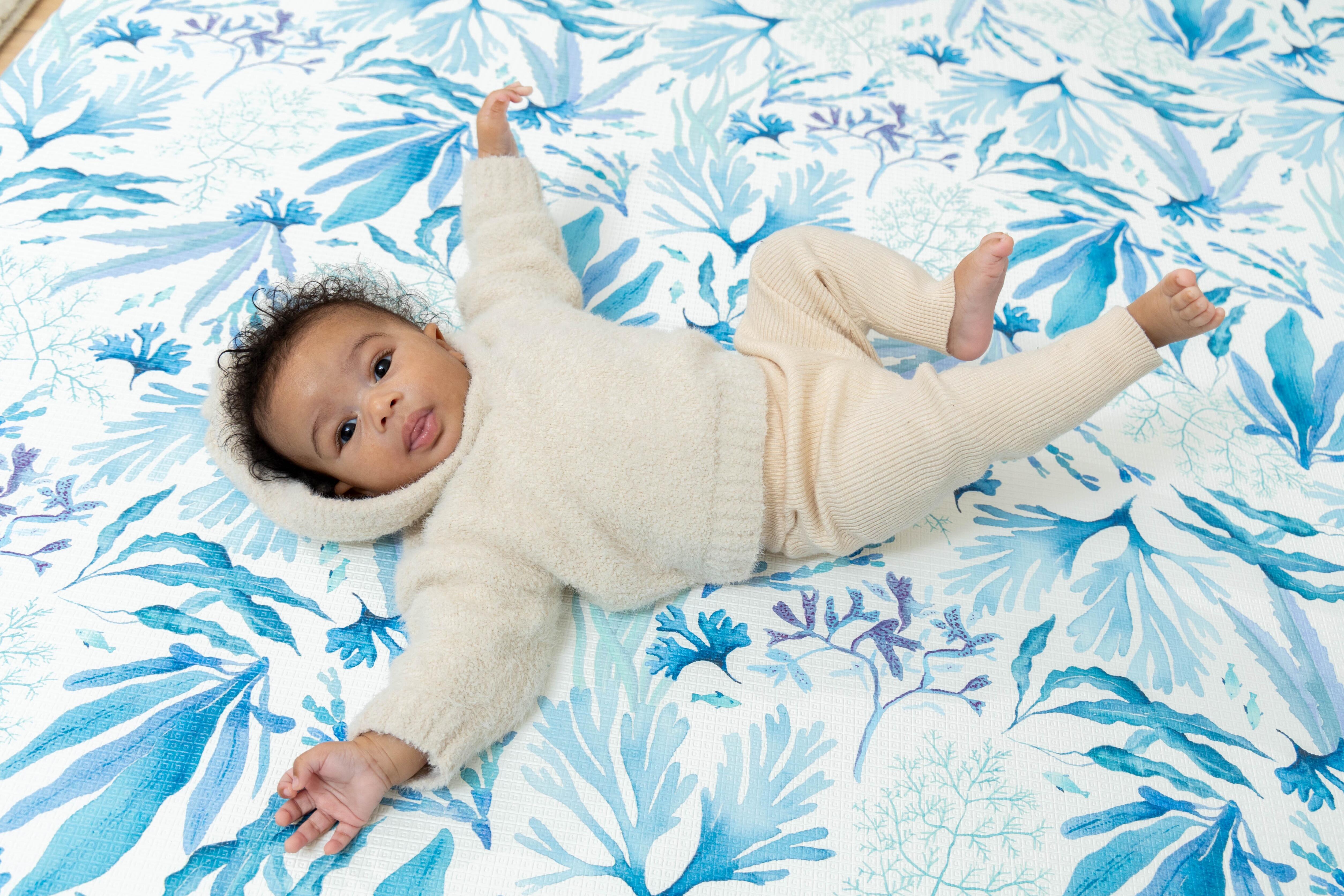 Large Baby Playmat β Kelp Forest design in Blue, reversible, wipeable, and extra-thick for safe playtime.