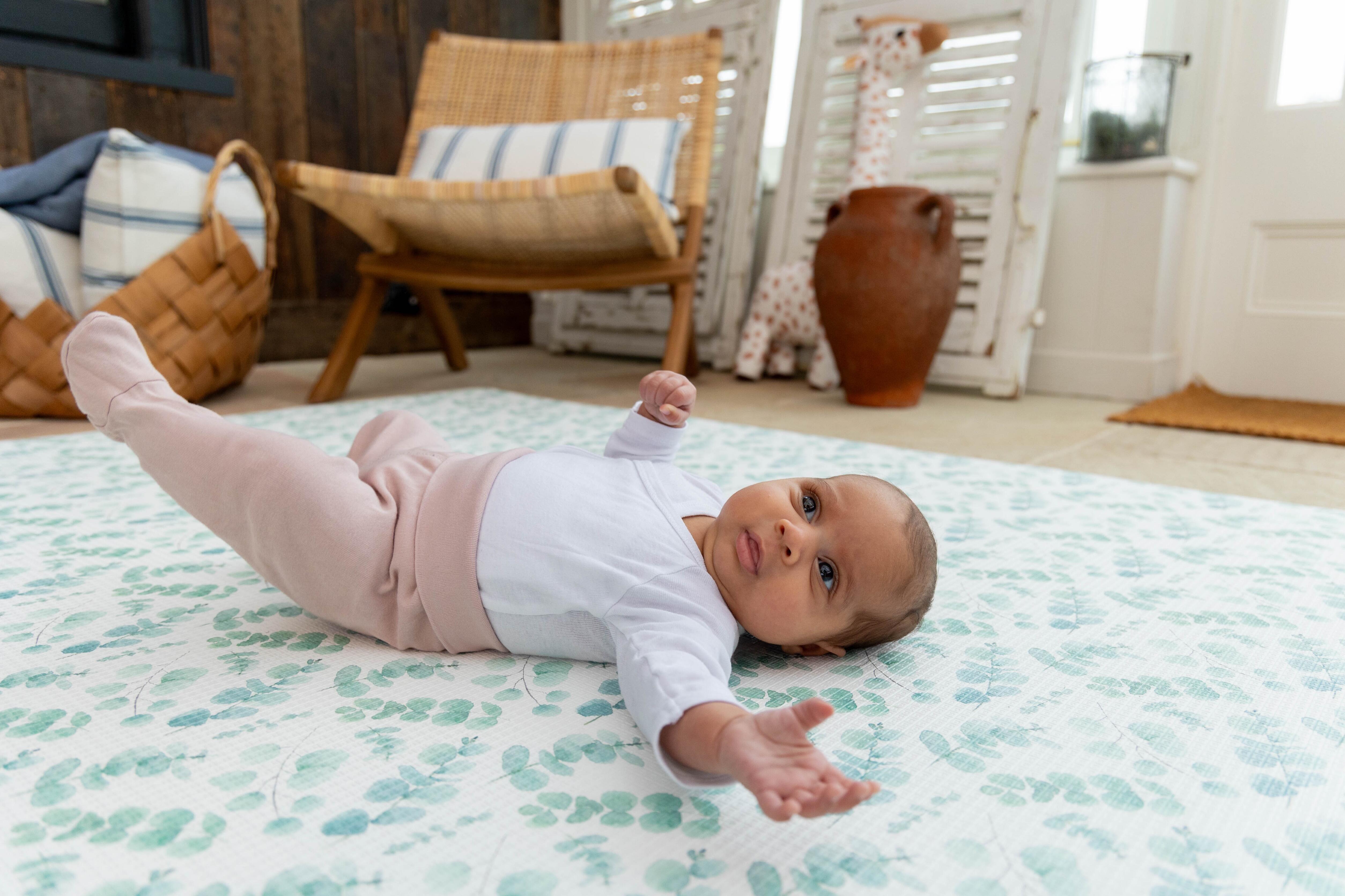 Neutral Botanical Green Eucalyptus Playmat with easy-wipe, non-toxic surface