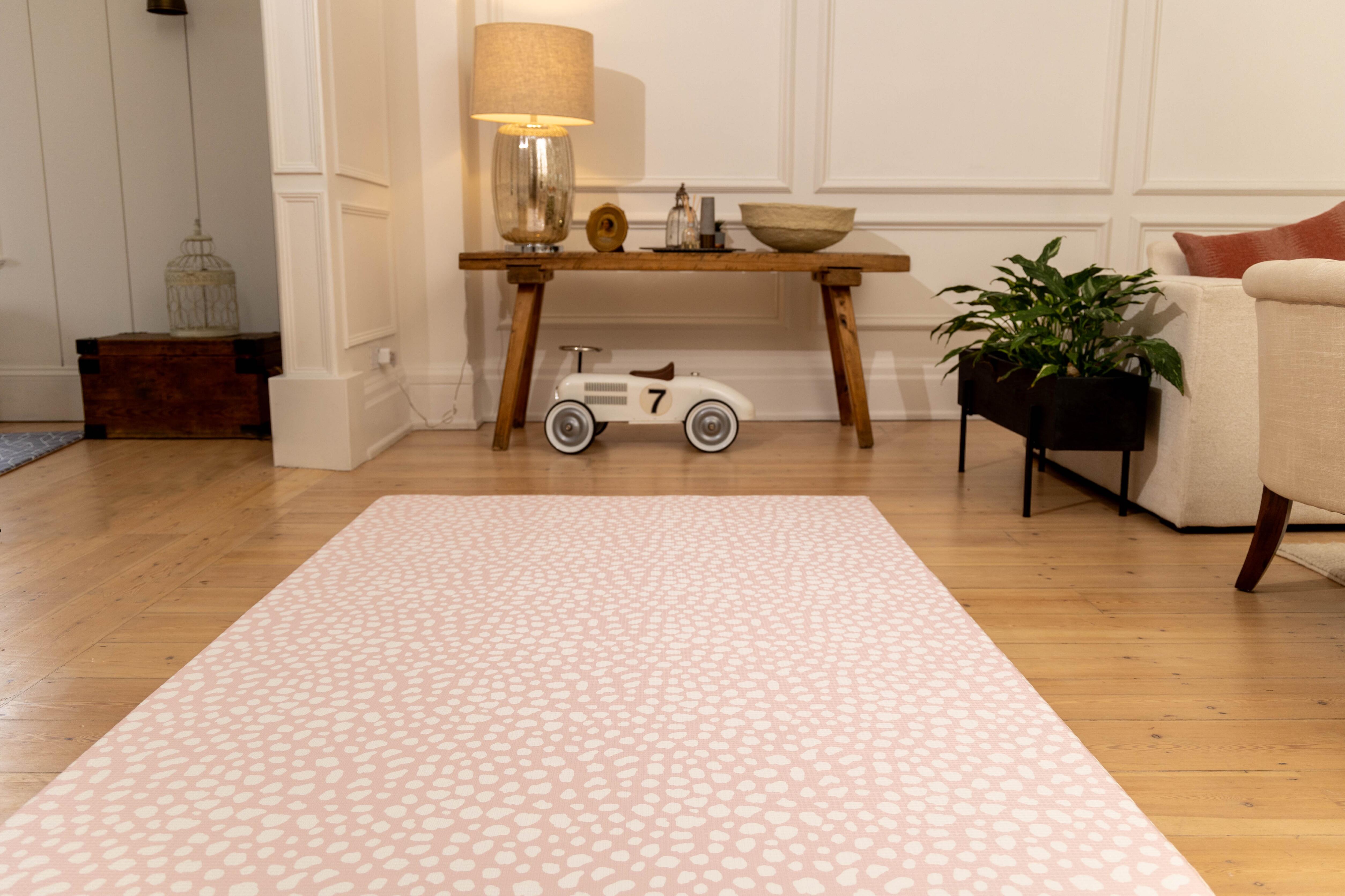 Reversible Darling Dalmatian playmat showing Blush Pink and monochrome sides – premium non-toxic foam baby mat