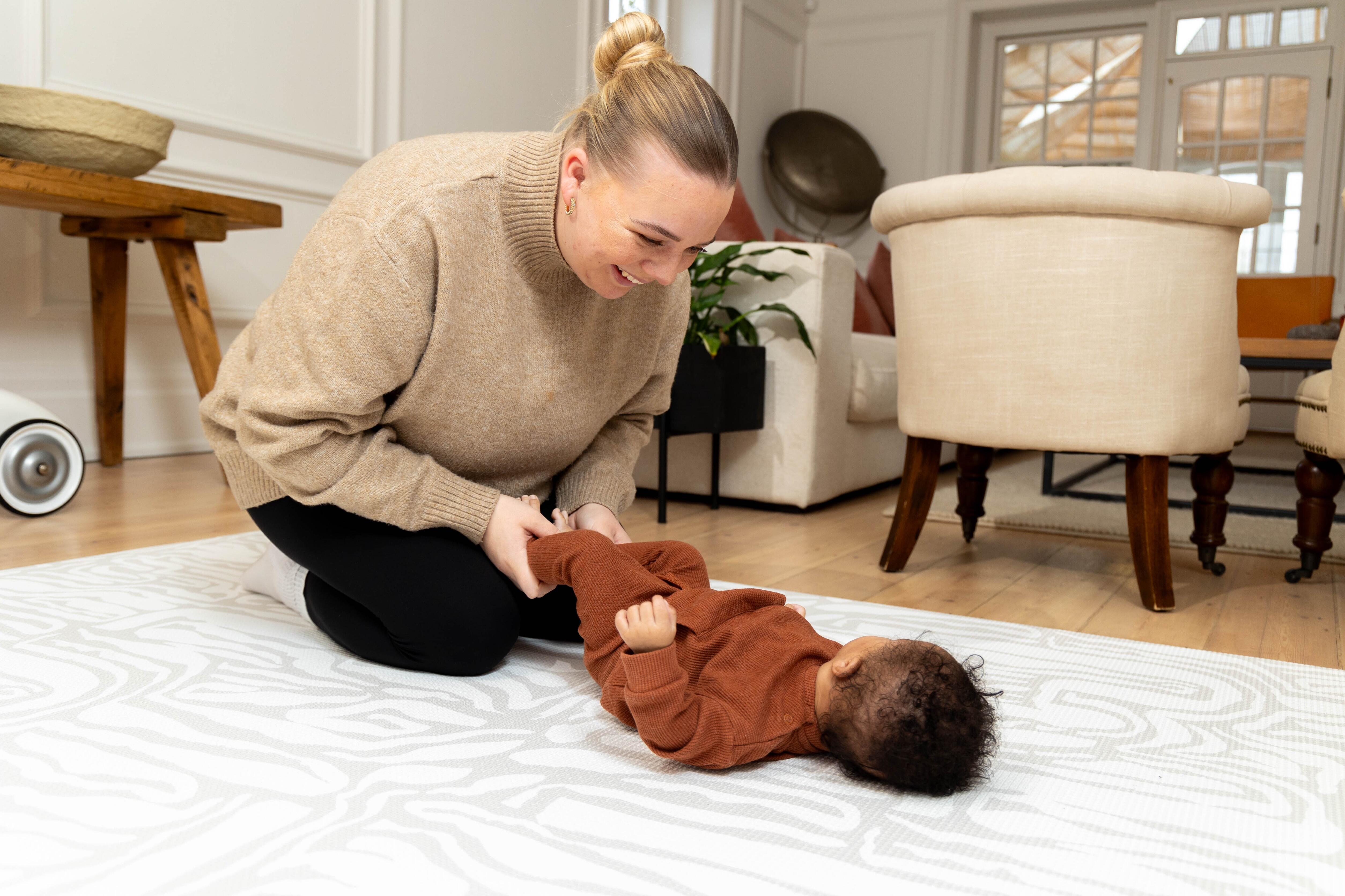 Pathway Grey Reversible Playmat – non-toxic, padded, and elegant for modern nurseries and lounges.