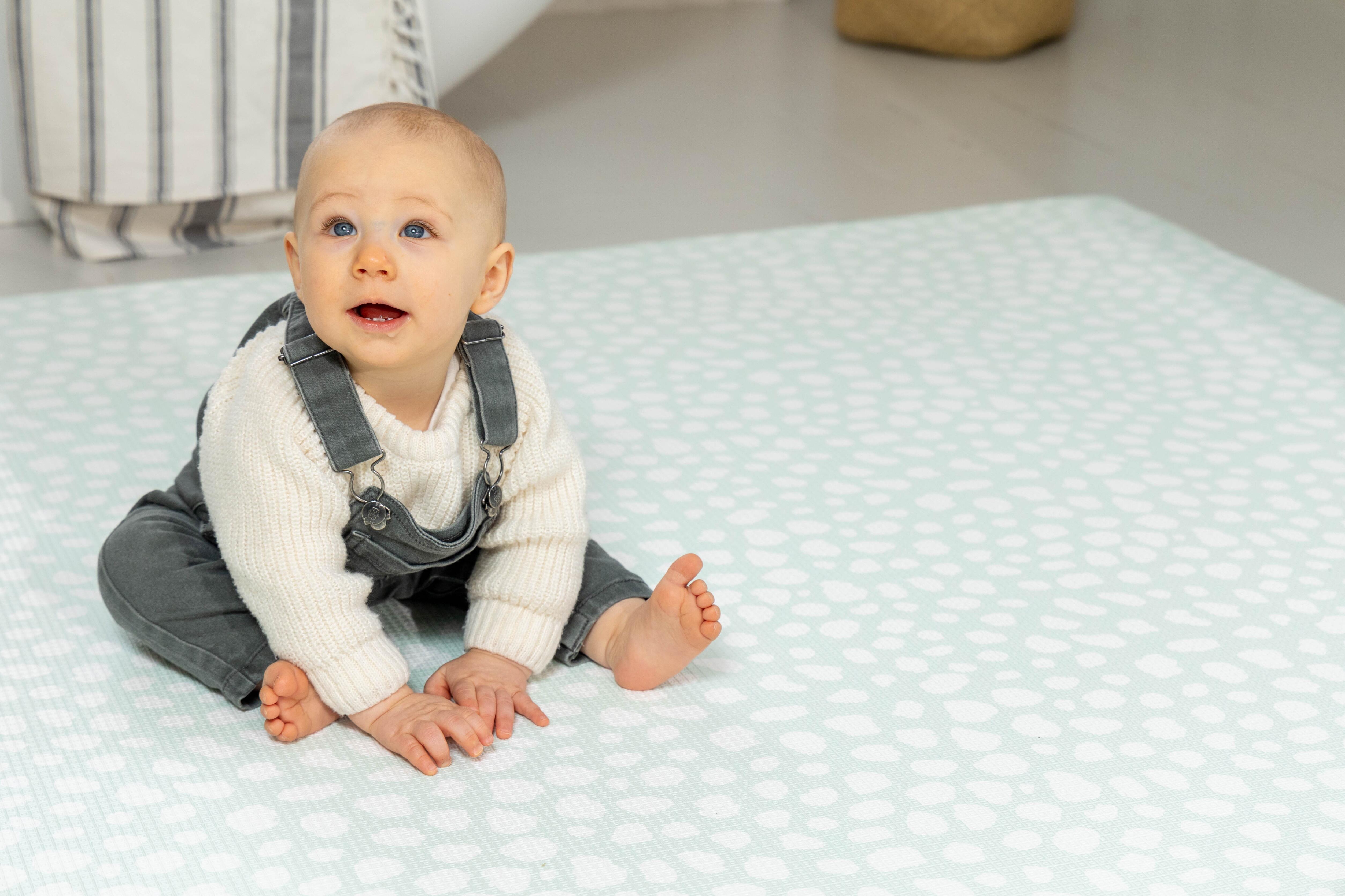 Soft Mint Darling Dalmatian baby playmat – reversible 1.5 cm cushioned foam mat designed for modern family homes